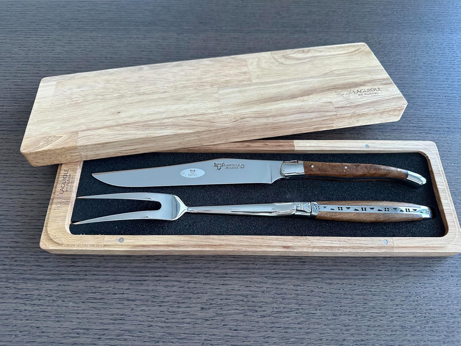Laguiole en Aubrac 2-Piece Carving Set, Carving Fork And Carving Knife, With Burl Teak Wood Handle, Polished Bolsters