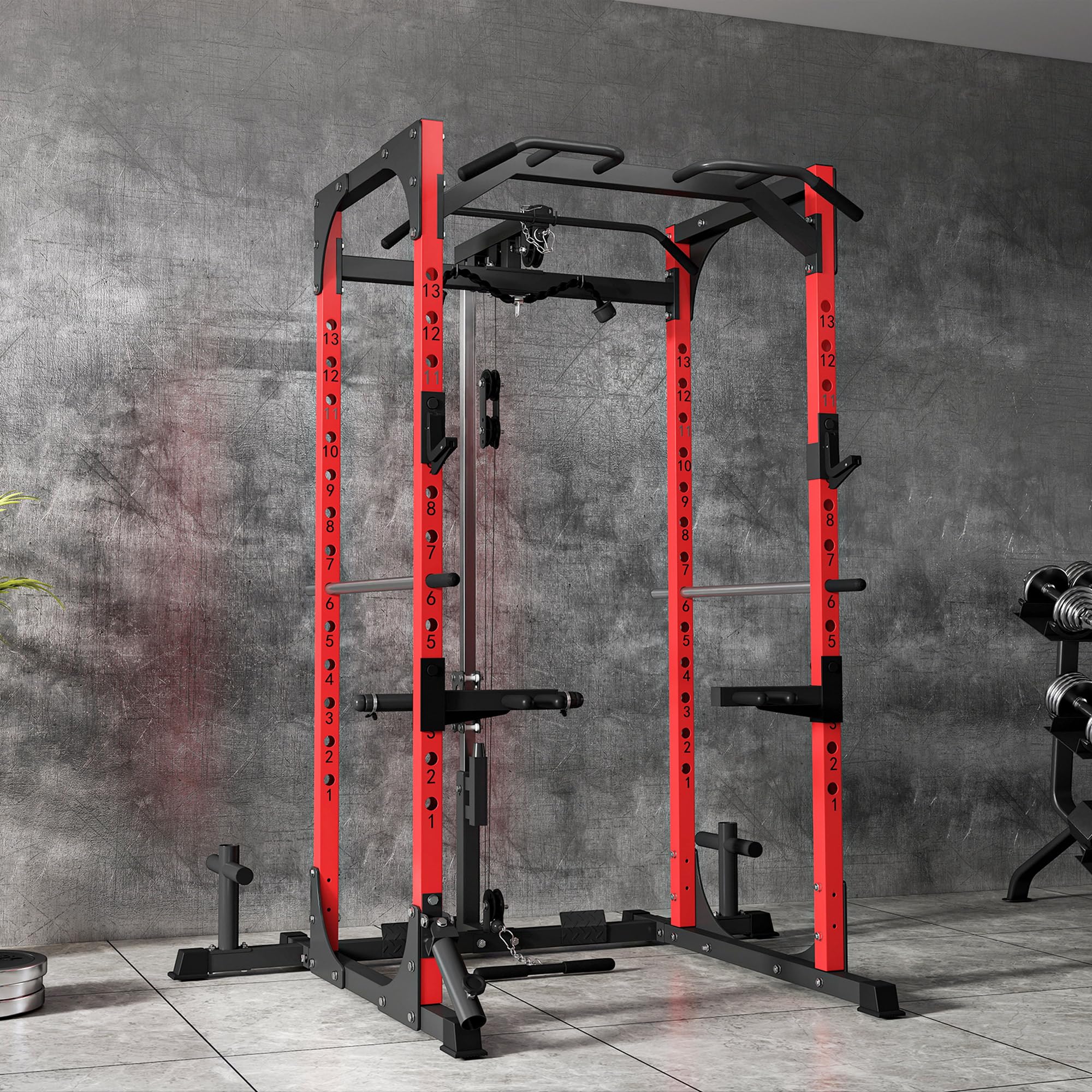 SPORTNOW Power Tower, estación de Fitness con estación de Cables, Soporte para Barras, Mancuernas y Barra de inmersión, Gimnasio Multifuncional de Acero, para Gimnasio en casa, 191x153x205 cm, Rojo y