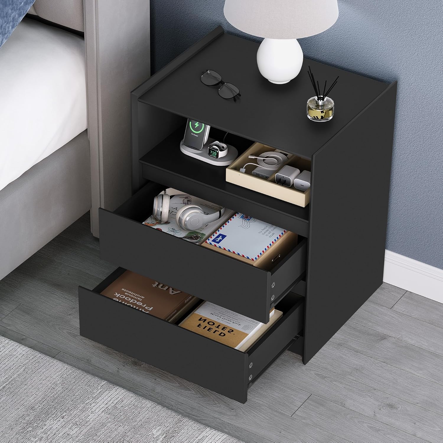 24" Tall Black Nightstand with Charging Station, 2 Drawer Modern Bedside Table with Tray Top, USB & Type-C Ports, AC Outlets, and Open Shelf for Bedroom or Living Room