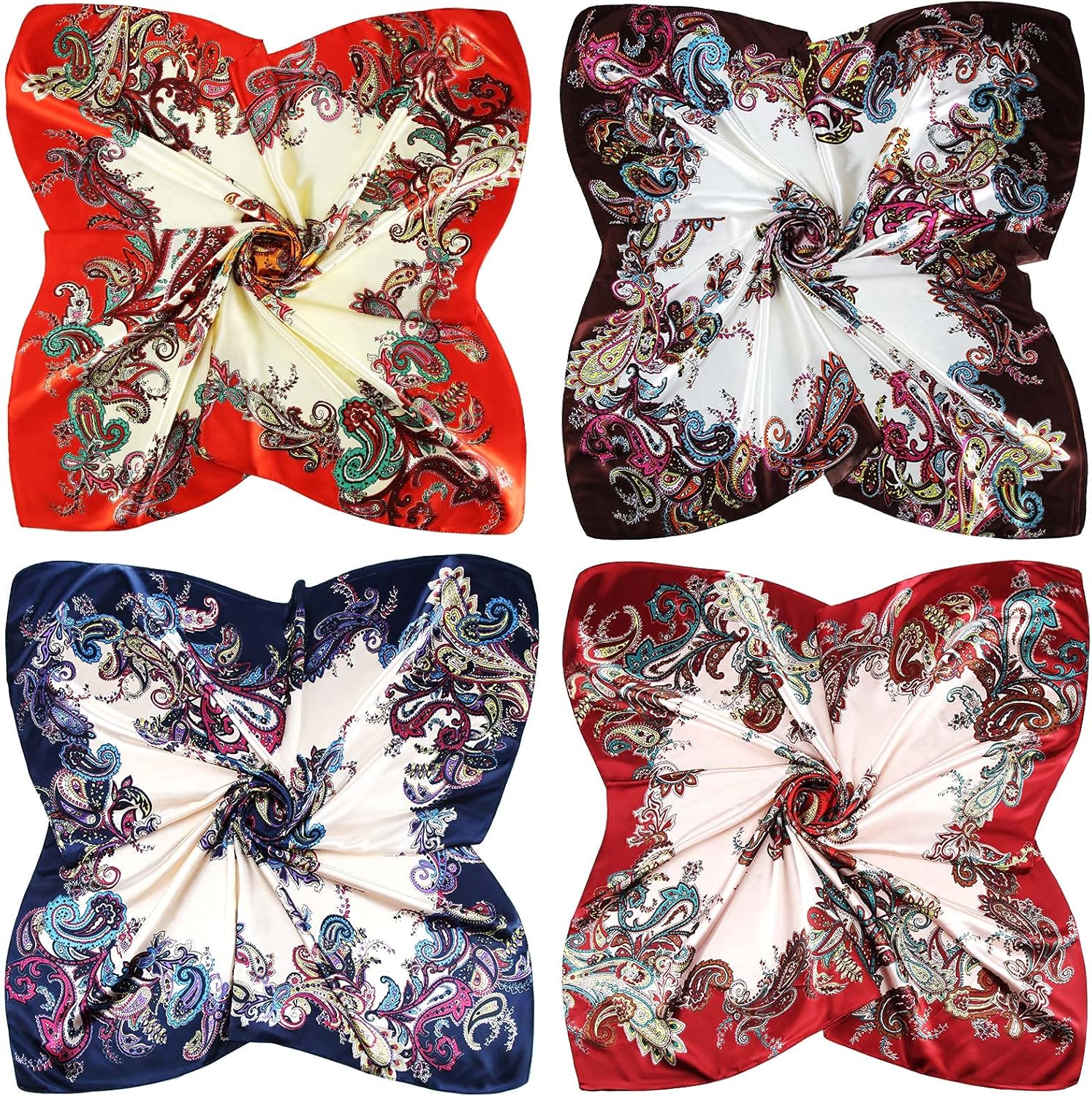 Honoson 4 Pcs 35 Inch Satin Head Scarf for Women's Hair Square Bandanas Large Silk Scarves for Sleeping - Image 2