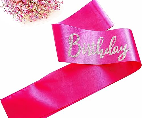 Miniatura 4 de Banda de escuadrón de cumpleaños, 6 piezas de color rosa intenso con letras plateadas con purpurina plateada, juego de bandas de regalo de