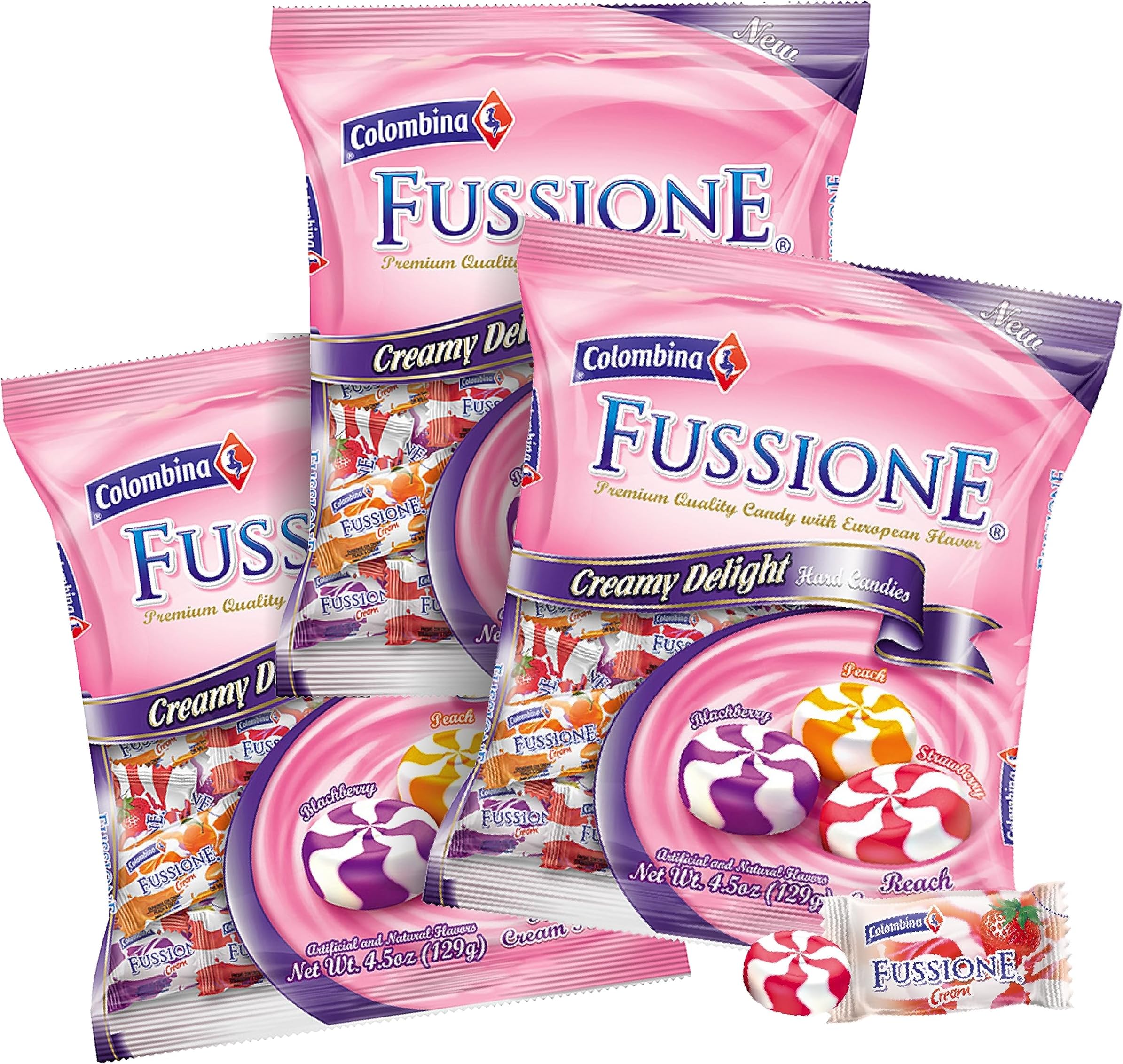 Fussione Creamy Delight Hard Candies, Strawberry, Blackberry, and Peach Flavored, Individually Wrapped, 4.5oz (Pack of 3)