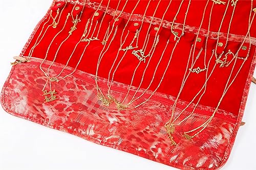 Miniatura 7 de Angelina's Palace Tenby Jewelry - Organizador de doble cara para colgar joyas, rollo de almacenamiento de joyas, 24 barras de anillos de aretes, 28