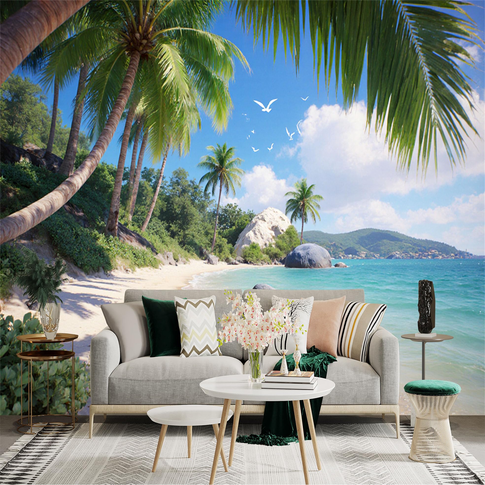 Custom Size Wall Sticker Mural， Tropical Beach with Palm Trees， Blue Ocean and Sunny Sky， for wall Decoration， peelandstick wall Decals.