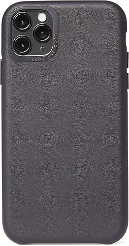 DECODED Funda trasera para iPhone 11 Pro Max - Cuero de grano completo negro, botones de metal, TPU a prueba de golpes