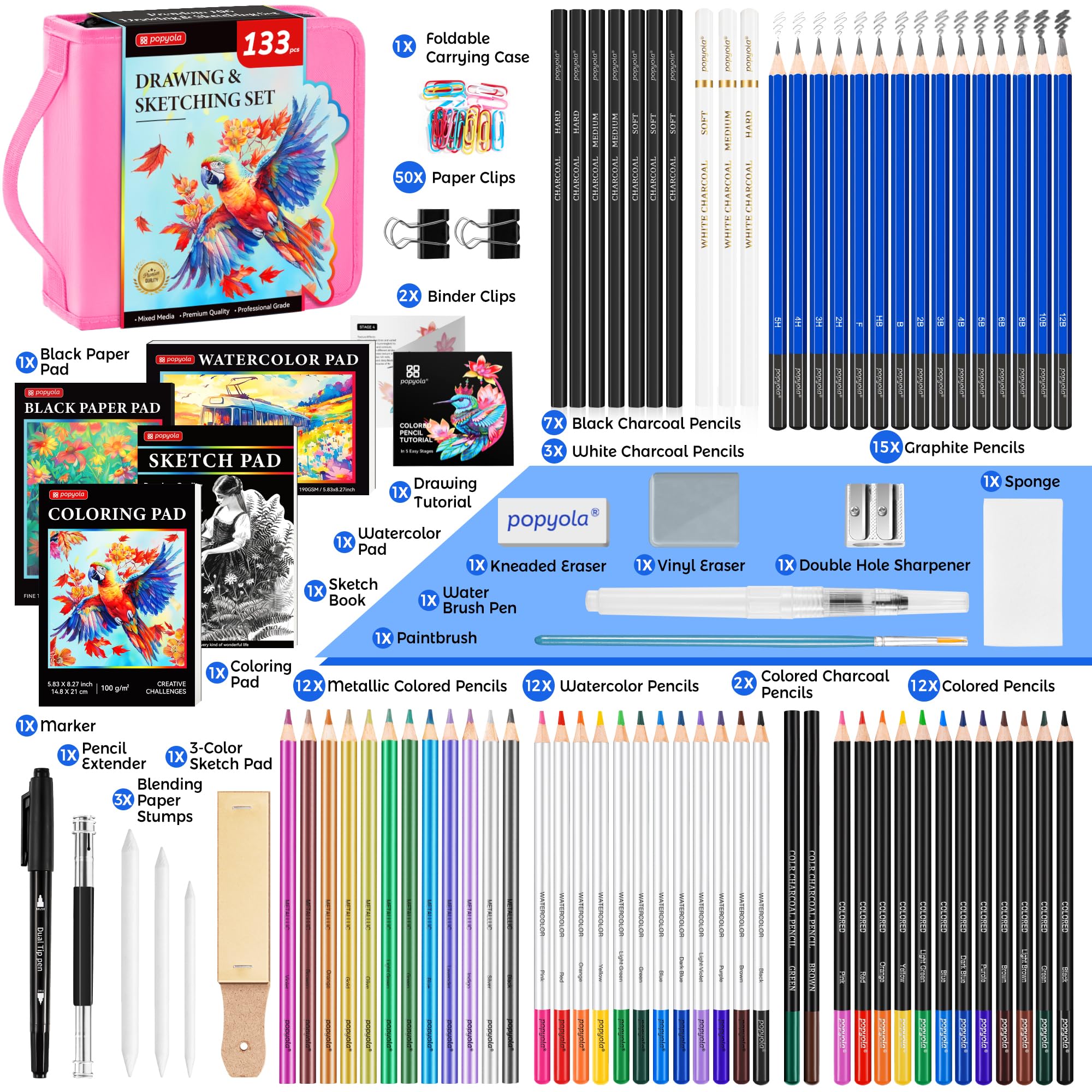 Set da disegno da 133 pezzi, kit per schizzi, forniture artistiche professionali | con Sketch Book, Coloring Book, Acquerello, Blocco di Carta Nero, Grafite Colorato Carbone Acquerello & Matite Metalliche