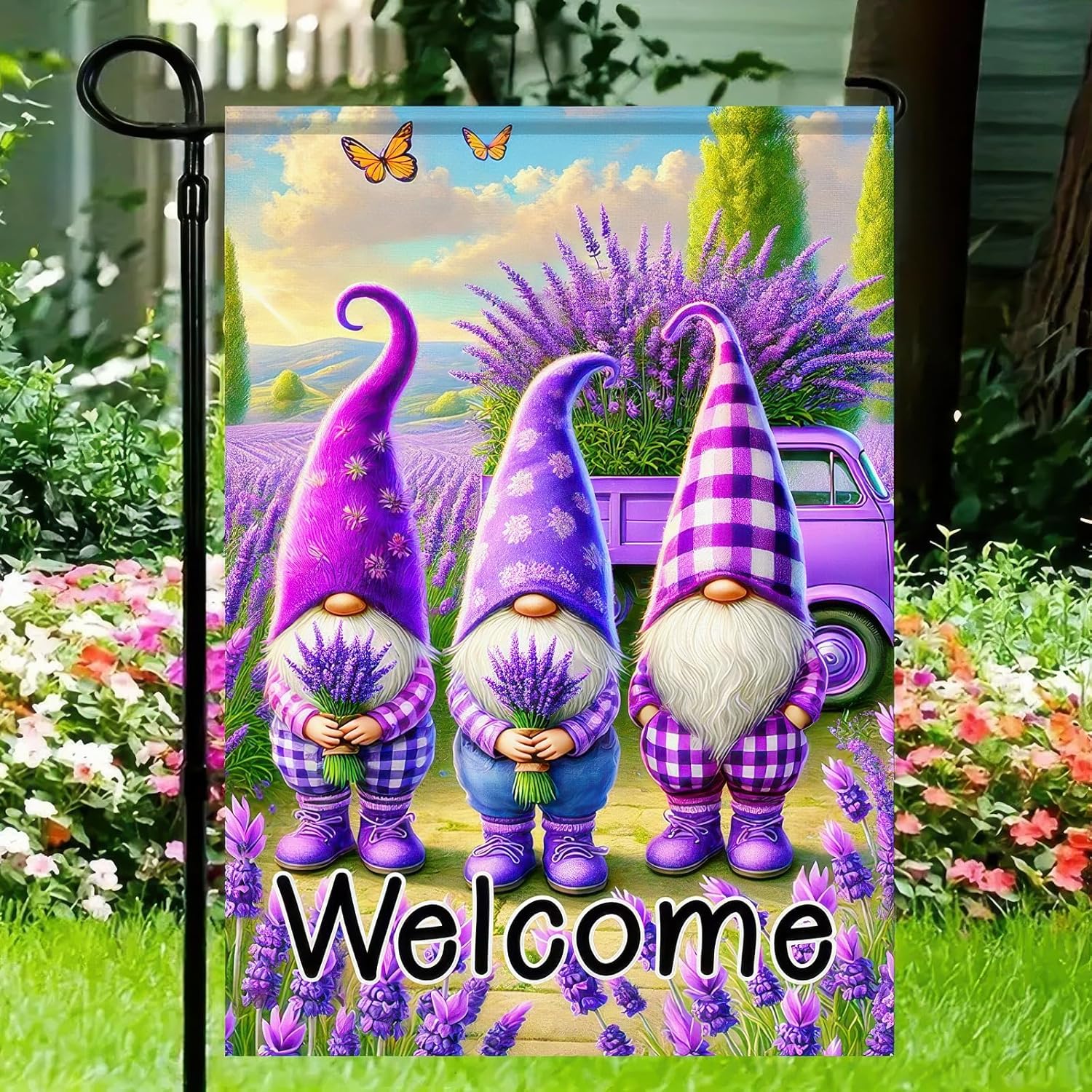 Welcome Garden Flag Spring Summer Garden Flag 12x18 Inch Double Sided Flags Purple Gnome Lavender Farmhouse Rustic Yard Lawn Porch Outdoor Decor Banner - Image 2
