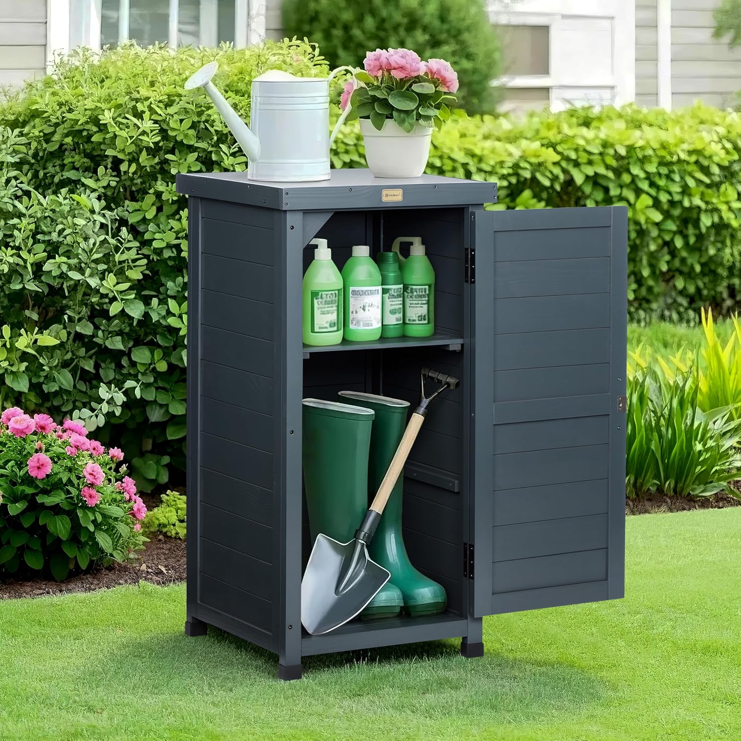 HABAU Outdoor Storage Cabinet, Potting Bench Table with Metal Tabletop & Shelves, Wooden Planting Workstation for Patio Garden, Weatherproof, Anthracite Grey