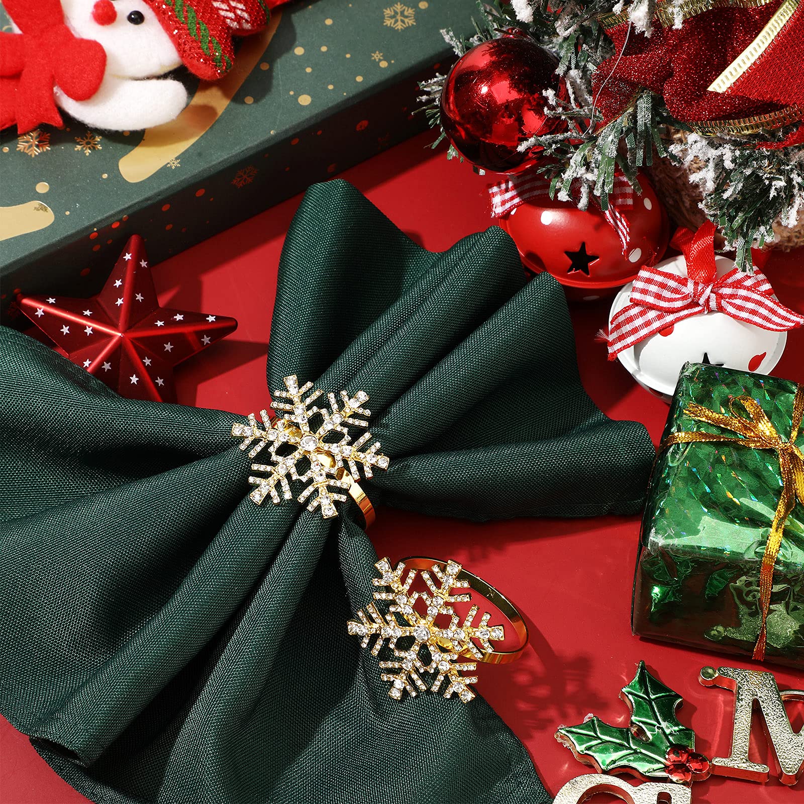 Patelai 6 Pieces Snowflake Napkin Rings Set Xmas Snowflake Napkin Holders Rhinestone Napkin Rings Holder for Christmas Wedding Party Table Supplies Decoration (Gold)