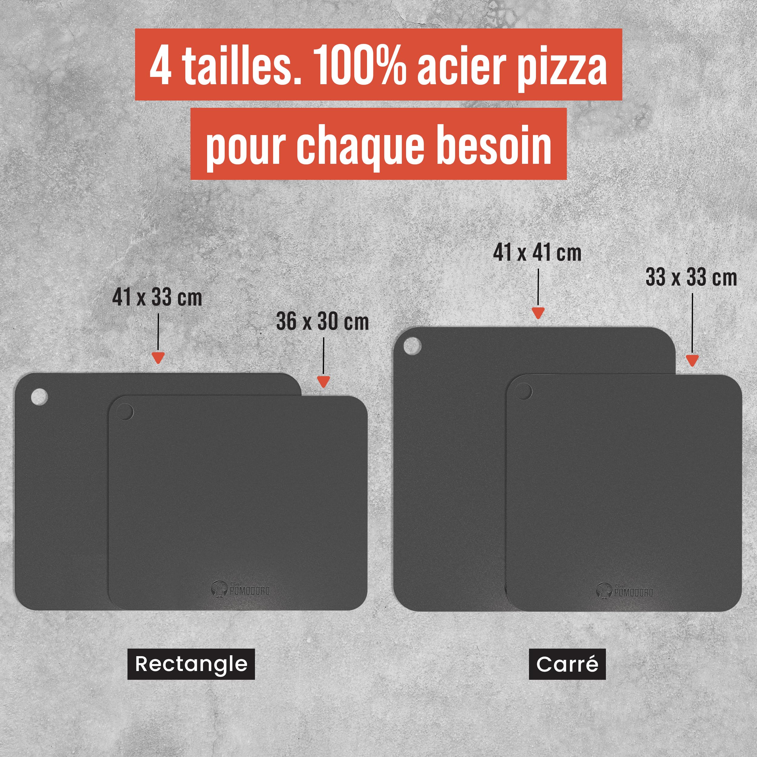 Chef Pomodoro Pierre à Pizza 40,6 x 40,6 cm (6,35 mm), Pierre Réfractaire Four, Pierres à Pizza, Cuisson, Pour Four, Acier, Avec Trous de Préhension, Idéal Pain et Pizza Maison