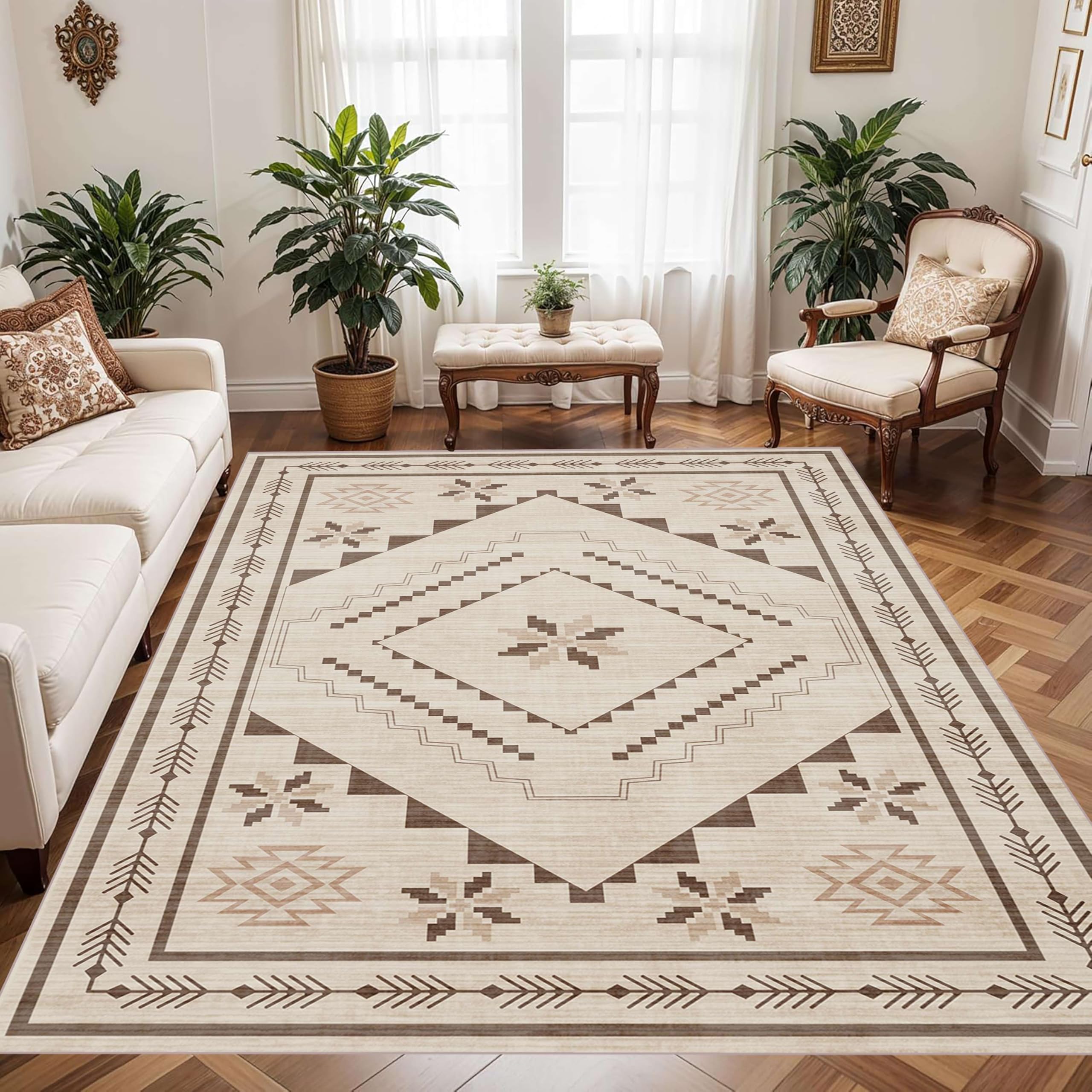 Ykncxzy Vintage Boho Area Rug, 80x150cm, Traditional Ethnic Tribal Khaki Geometric Rugs for Living Room, Non-Slip Rustic Home Decor Mat Machine Washable Carpet for Bedroom Kitchen