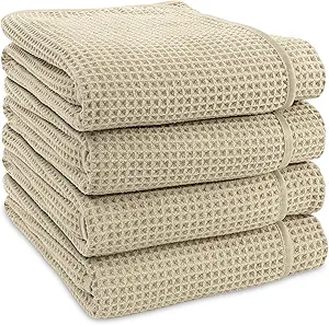 S&T INC. Bath Towels, Premium Towels for Bathroom, Extra Large, Absorbent Microfiber for Home, Yoga, and Gym, Waffle Weave, 30 Inches x 60 Inches, 4 Pack, Beige