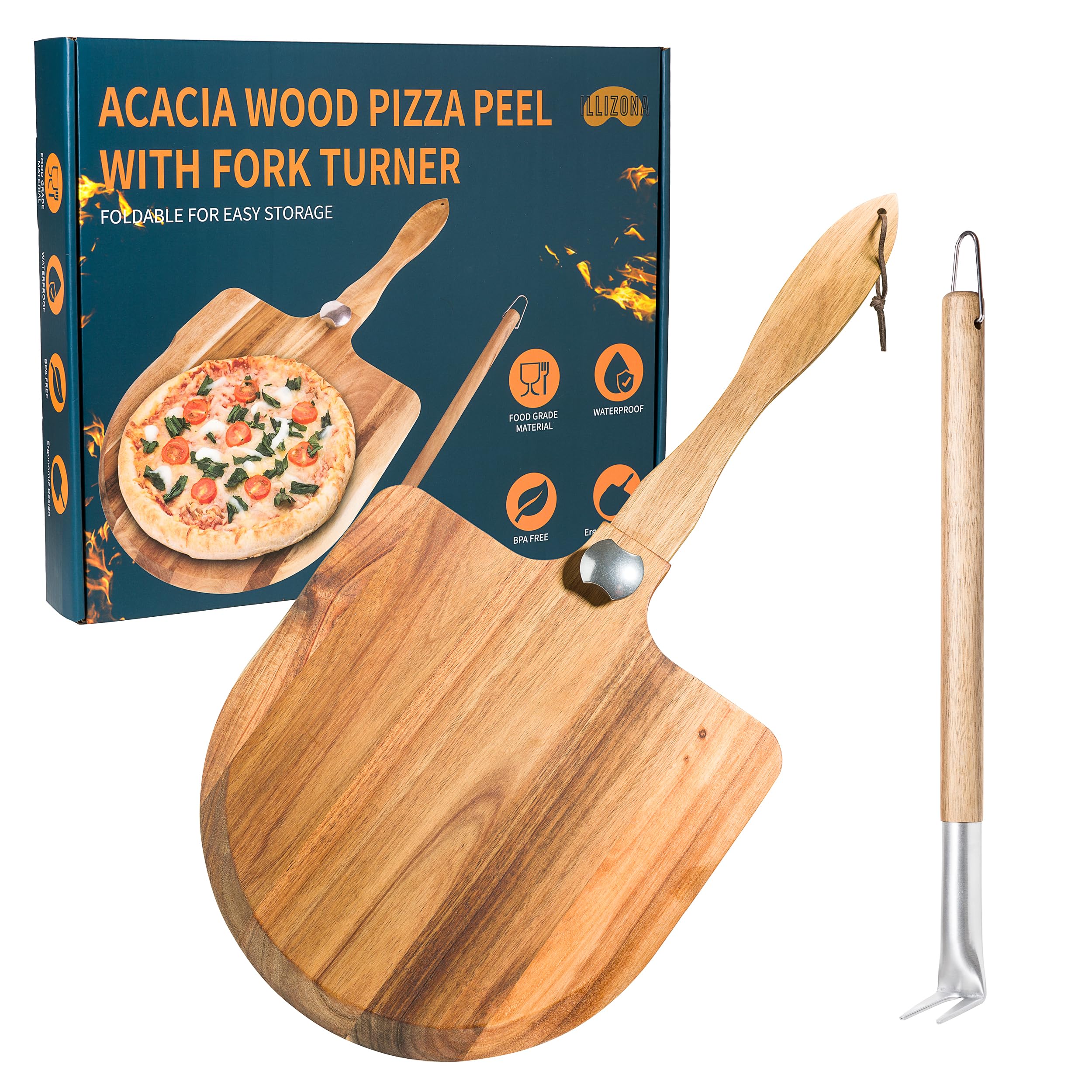 Drewniany zestaw łopat do pizzy (30 cm x 30 cm), składany uchwyt, drewniana łopatka do pizzy, akcesoria do pizzy, artykuły kuchenne do kuchni i domu, pieczenie pizzy, ciasta, chleba i ciasta