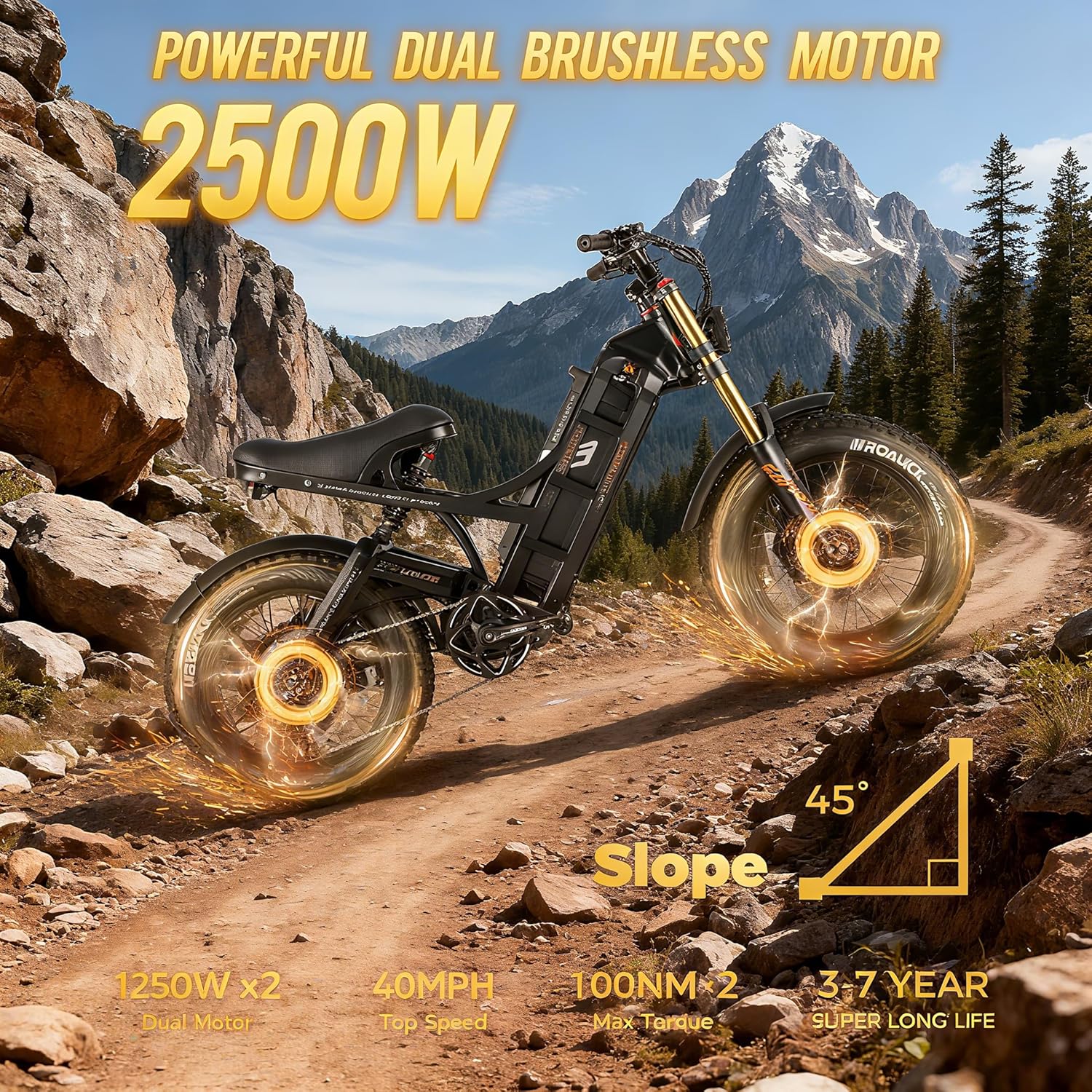 (2025 Version) Eahora Romeo II 2500W 40 MPH Electric Mountain Bike Dual Motor 52V 60AH Battery 200 Miles Long Range Electric Bike for Adults 20"*4.5" Fat Tire Full Suspension Off-Road EBike