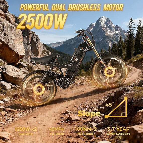 (2025 Version) Eahora Romeo II 2500W 40 MPH Electric Mountain Bike Dual Motor 52V 60AH Battery 200 Miles Long Range Electric Bike for Adults 20*4.5 Fat Tire Full Suspension Off-Road EBike