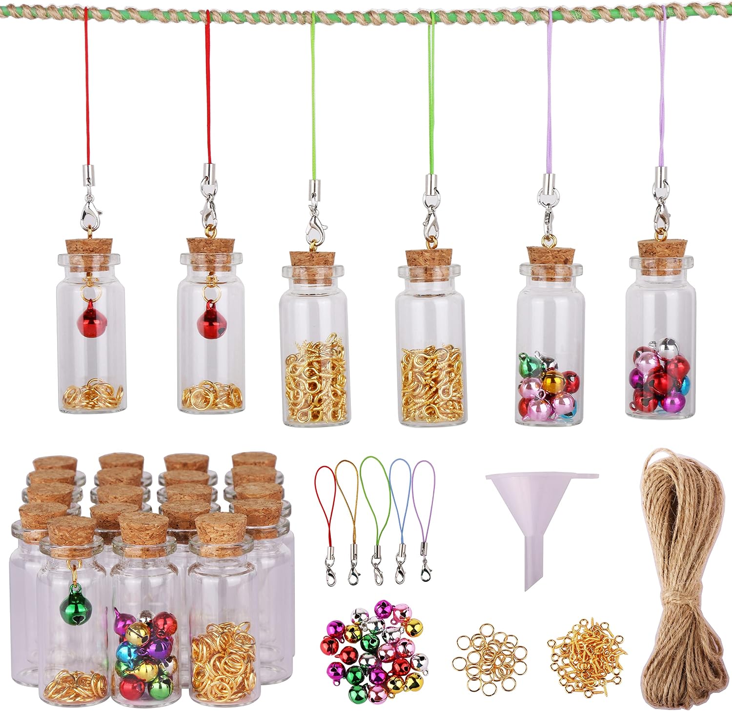 MaxMau 25pcs Small Glass Bottles with Cork Stoppers DIY Art Craft Storage 10ml Mini Glass Vials,Tiny Jars for Wedding Party Favors Home Decoration with Connection Accessories Twine Bell