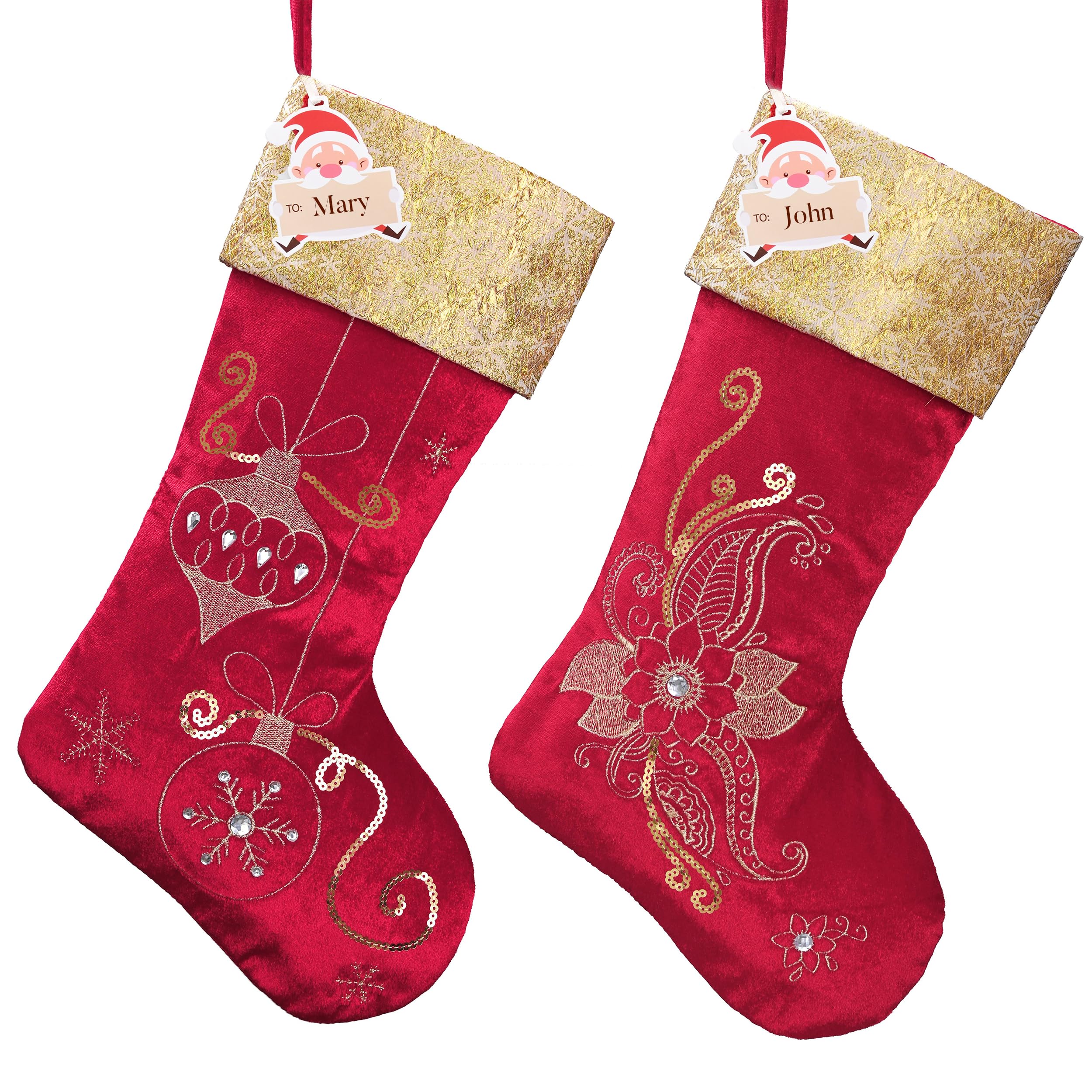 Valery Madelyn Lot de 2 chaussettes de Noël pour cadeaux et décorations de Noël, tissu de 53,3 cm, fleurs rouges et dorées brodées en peluche, ornement personnalisé à suspendre pour cheminée