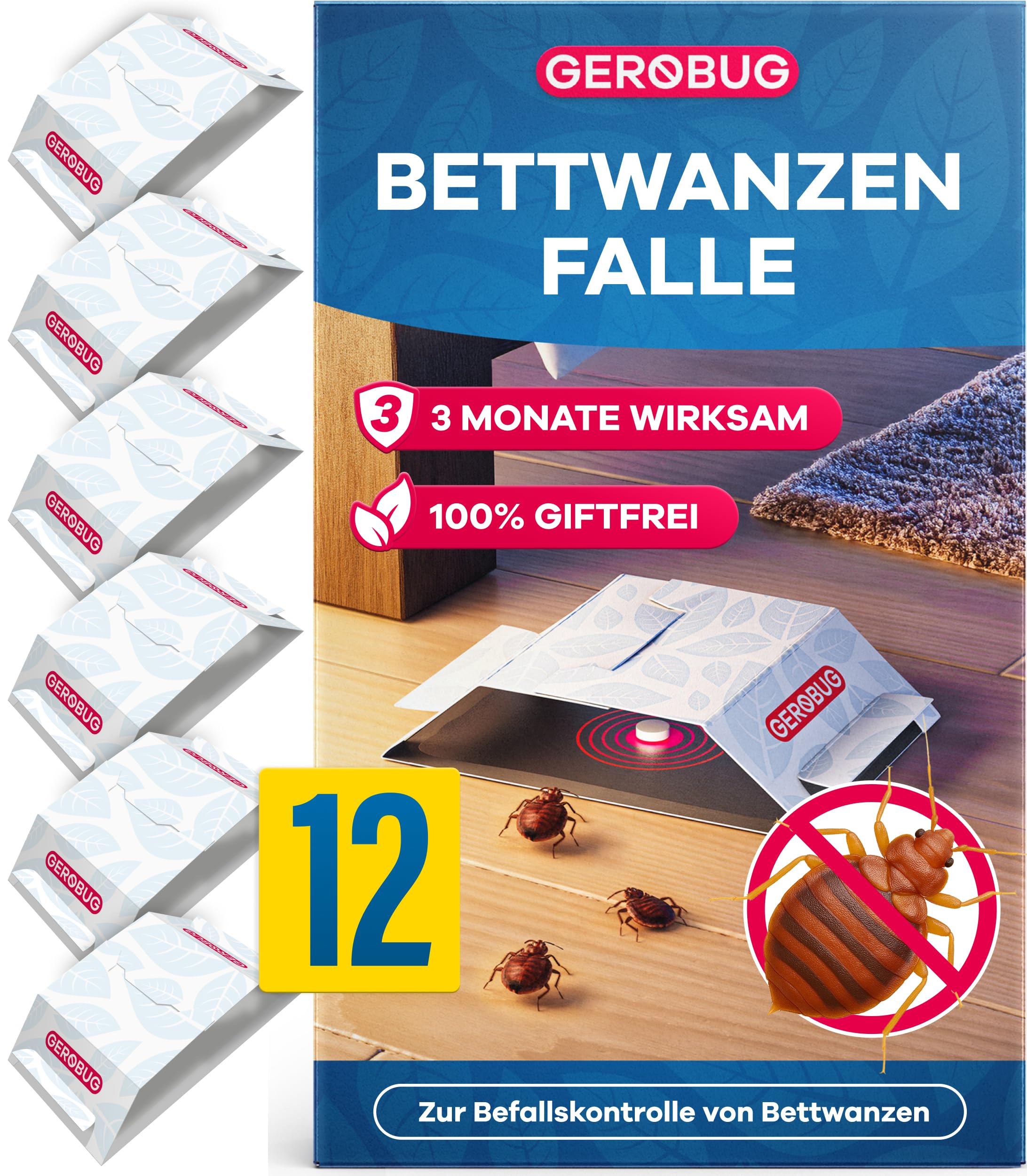 Gerobug Bettwanzenfalle 12 Stück - Effektive Klebefallen mit starkem Lockmittel zur Früherkennung von Bettwanzen - Monitoring ohne Chemie & sofort einsatzbereit - Mit Tipps zur Bettwanzen-Bekämpfung