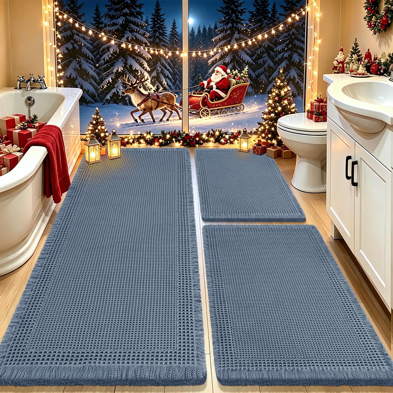 IM HOME Upgrade Waffle Bath Mat Set 3 Piece, Boho Bathroom Rugs Absorbent Non Slip, Soft Bathroom Mats, Machine Washable Knit Bath Rugs with Border for Bathroom, Bedroom, Kitchen, Shower, Tub, Blue