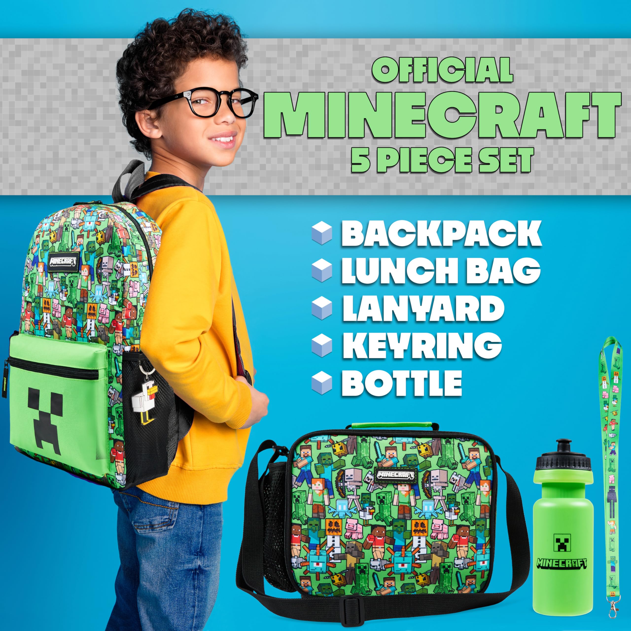 Minecraft Plecak chłopięcy, zestaw upominkowy, 5 szt., torba szkolna, torba na lunch, butelka na wodę, brelok i smycz (zielony AOP)
