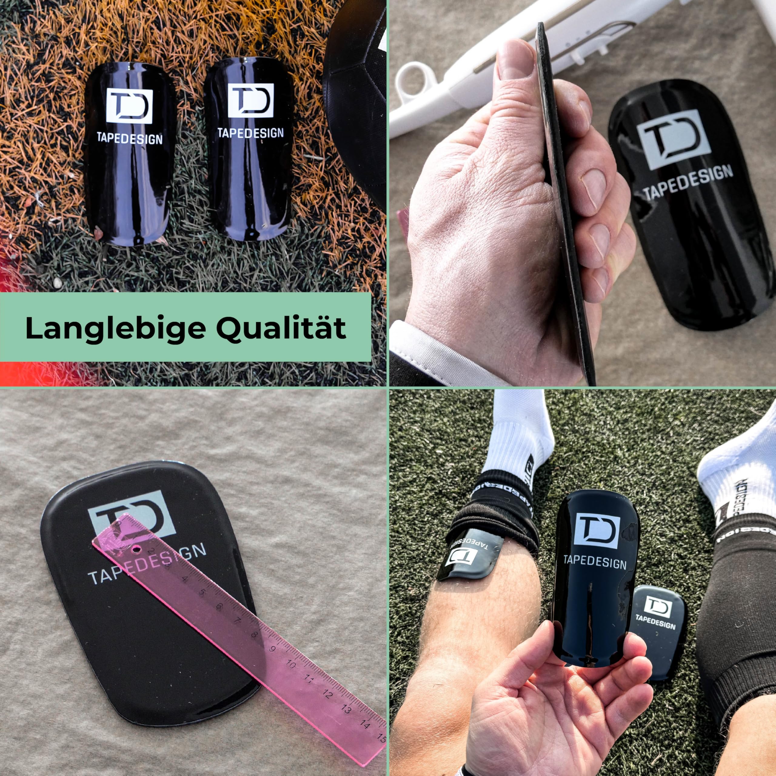 TAPEDESIGN – Schienbeinschoner Fußball Herren Schwarz – Ultraleicht, flexibel & rutschfest – Individuell anpassbare Shin Pads – Mini Schienbeinschützer, Kinder & Erwachsene