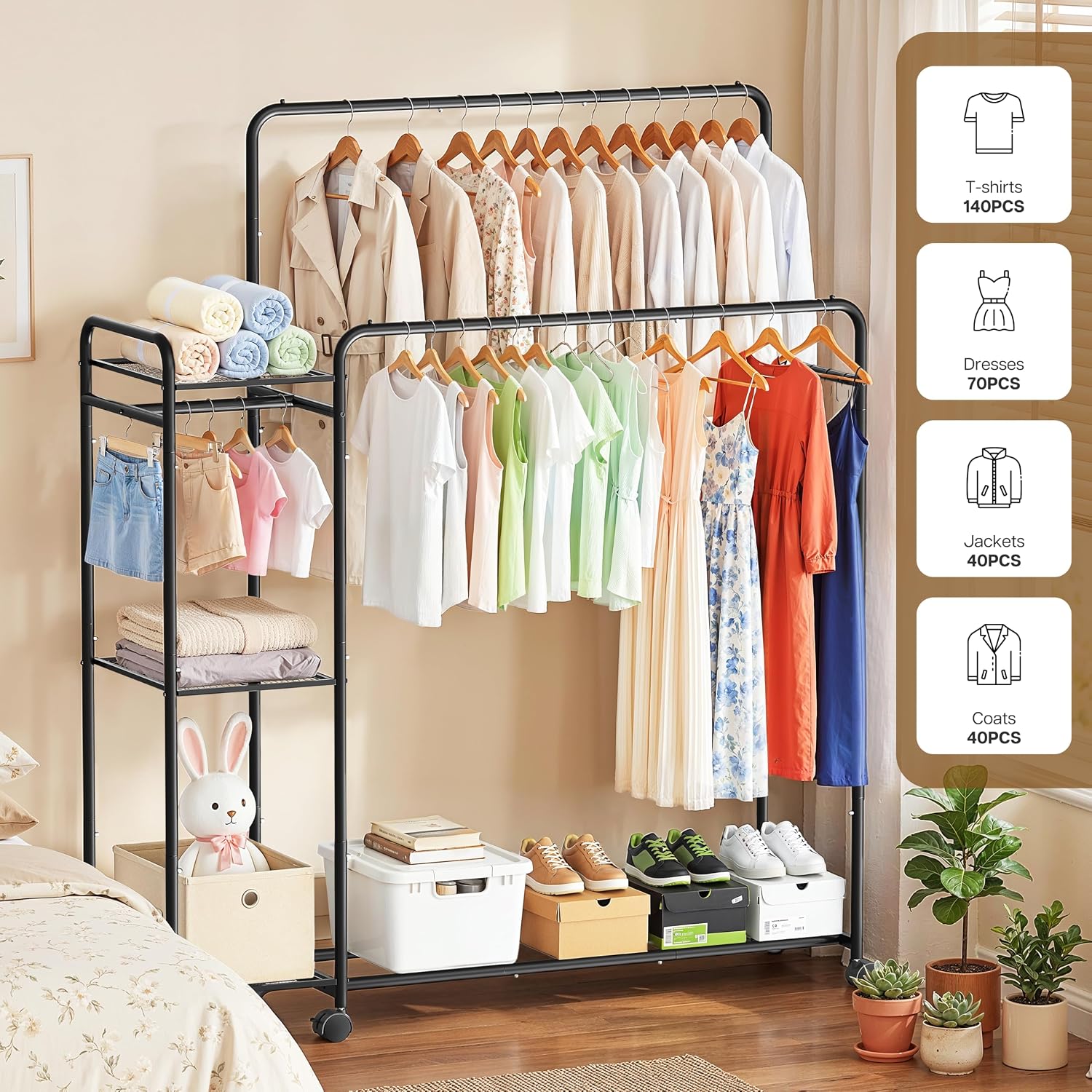 Heavy Duty Clothes Rack with Wheels, Double Rod Clothing Rack with Storage Shelves & Hooks, Rolling Garment Rack and Portable Closet Organizer for Bedroom, Laundry Room, Apartment