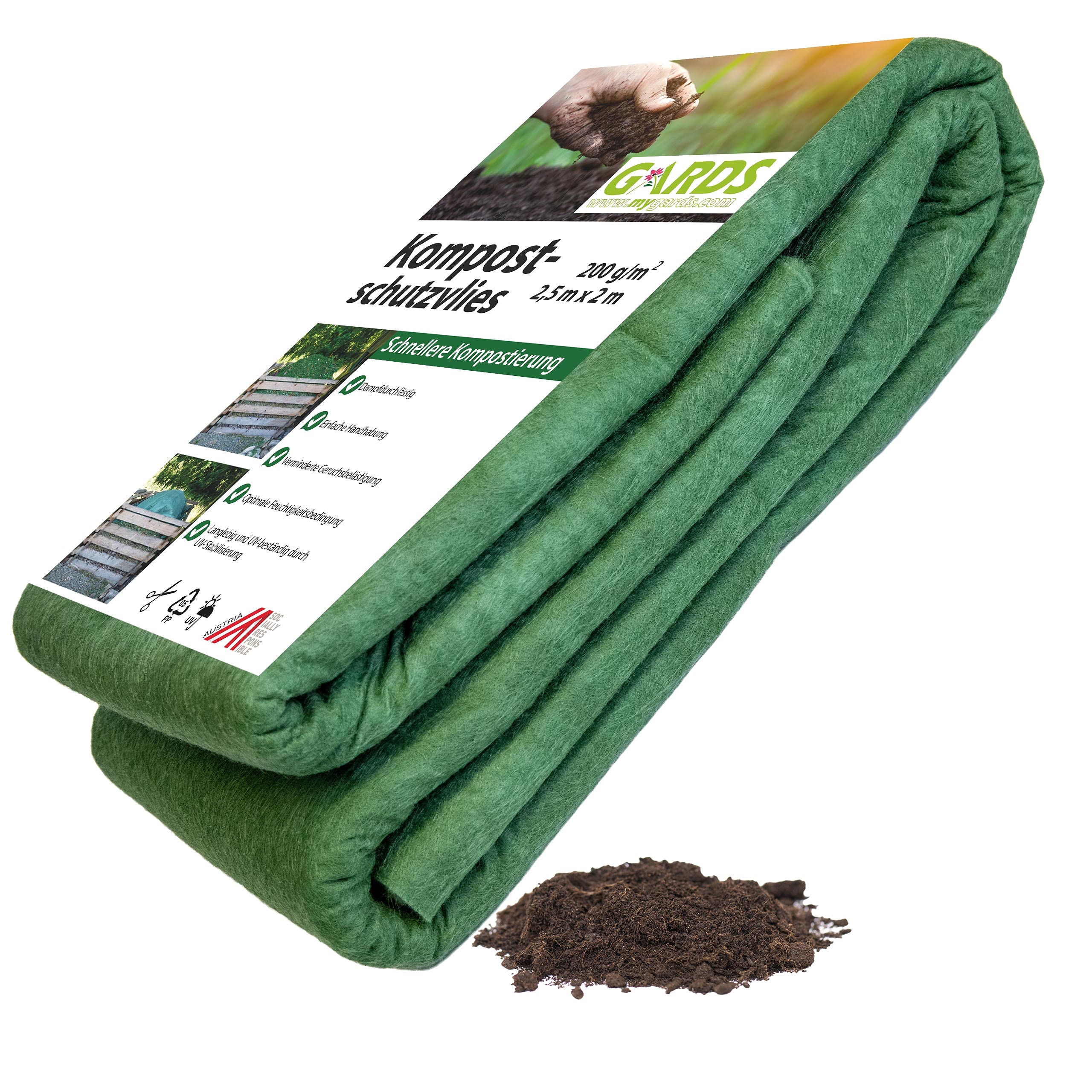 Gards NEU Kompostvlies - Kompostschutzvlies - Kompostflies, Abdeckung, reißfest - geruchsmindernd - dampfdurchlässig - UV stabilisiert - GRÜN, 2.5x2m, 200g/m2