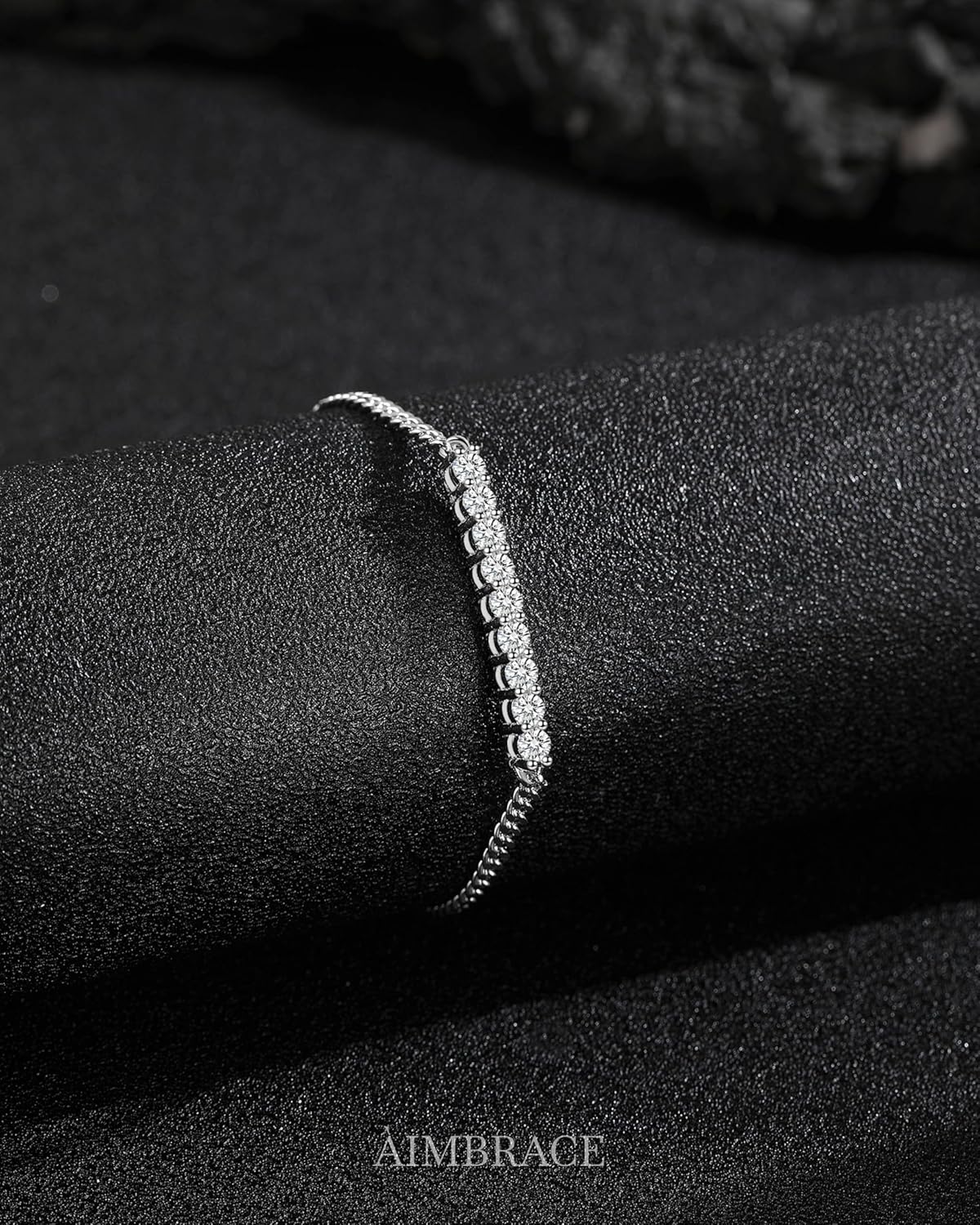 ÀIMBRACE Moissanite Bracelets for Women: Moissanite Tennis Bracelet, 925 Sterling Silver Base/18K White Gold Plated/Rhodium Finish, Adjustable Cuban Link Chain, 9-Stone/Round/D/VVS1, 0.10ct/0.90cttw - Image 3