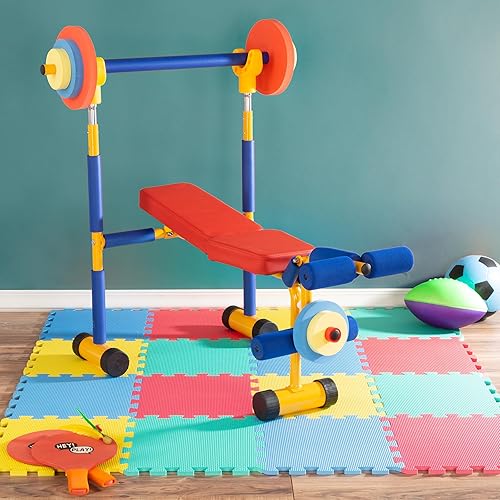 Miniatura 7 de Hey! Play! Juego de banco de pesas para niños, gimnasio para principiantes y levantamiento de pesas con prensa de piernas y barra, juguetes para