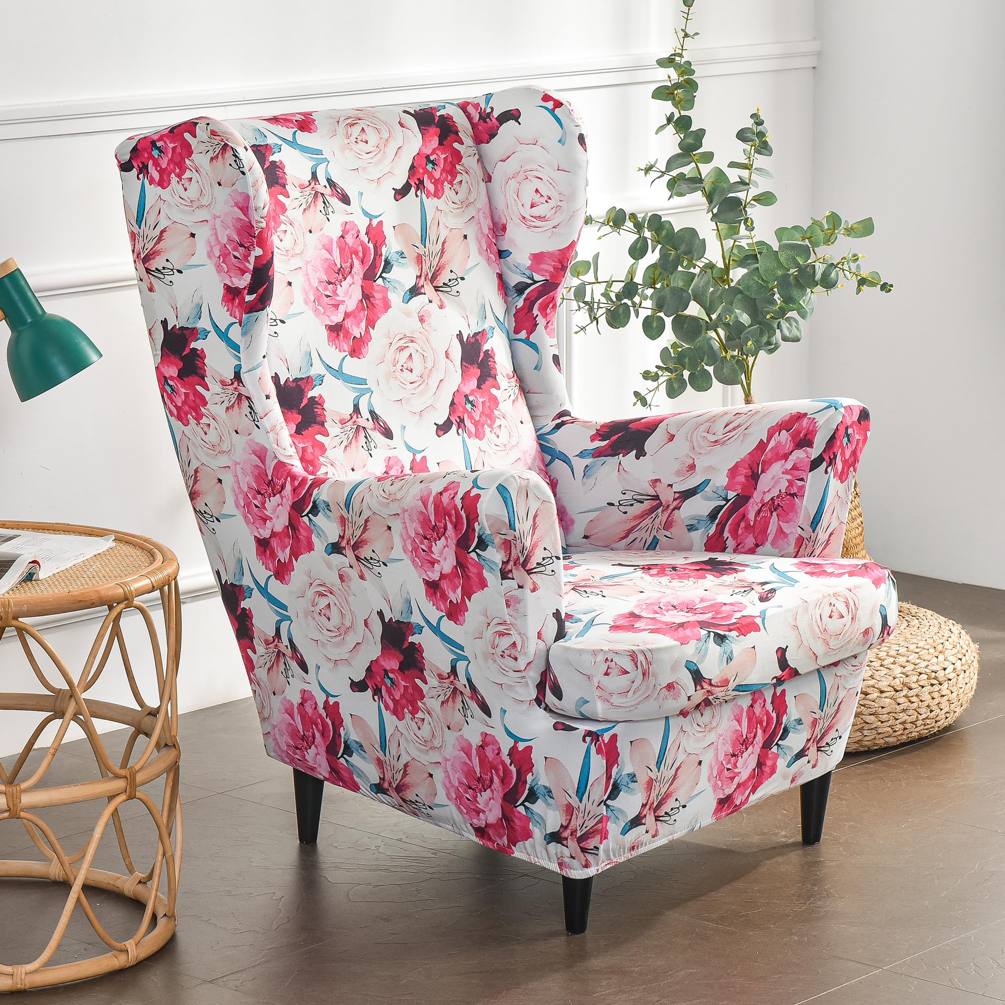 PENDEJATO Wing Chair Slipcovers, 2 Pieces Print Wingback Chair Cover Stretch Spandex Armchair Slipcovers for Living Room Bedroom (Pink)