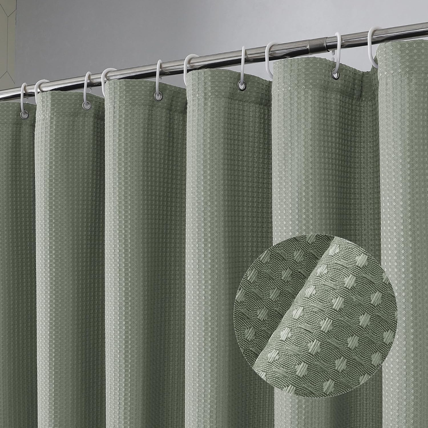Sage Green Shower Curtain,Waffle Textured Premium Heavy Duty Polyester Fabric Bath Curtain with 12 Plastic Hooks, Boho Farmhouse Decor 72 x 72 Inch image 2