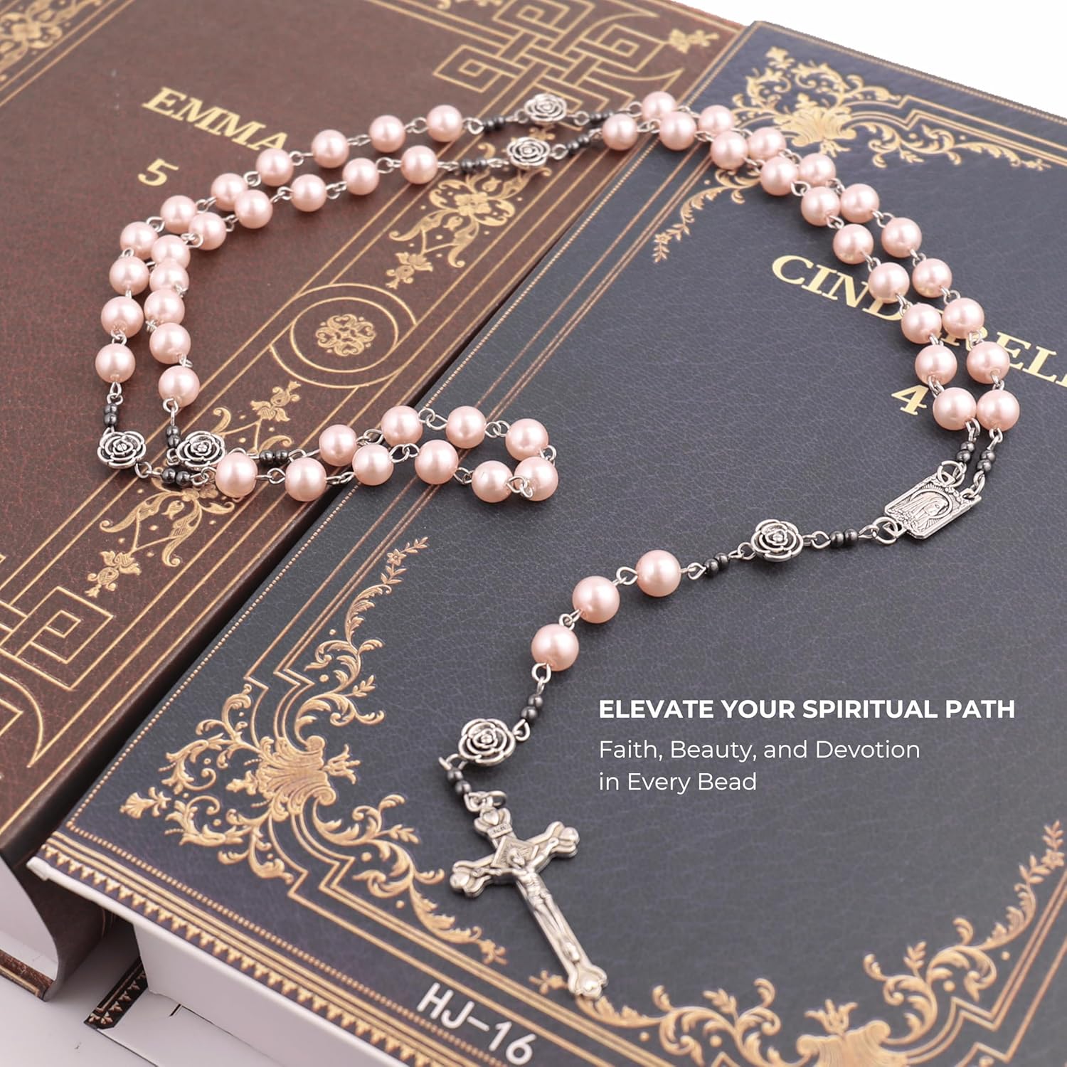 Nazareth Store Pearl Beads Rosary Metal Mystery Roses with Hematite stones, Catholic Rosary Necklace Our Rose Lourdes Medal & Cross Crucifix - Image 8