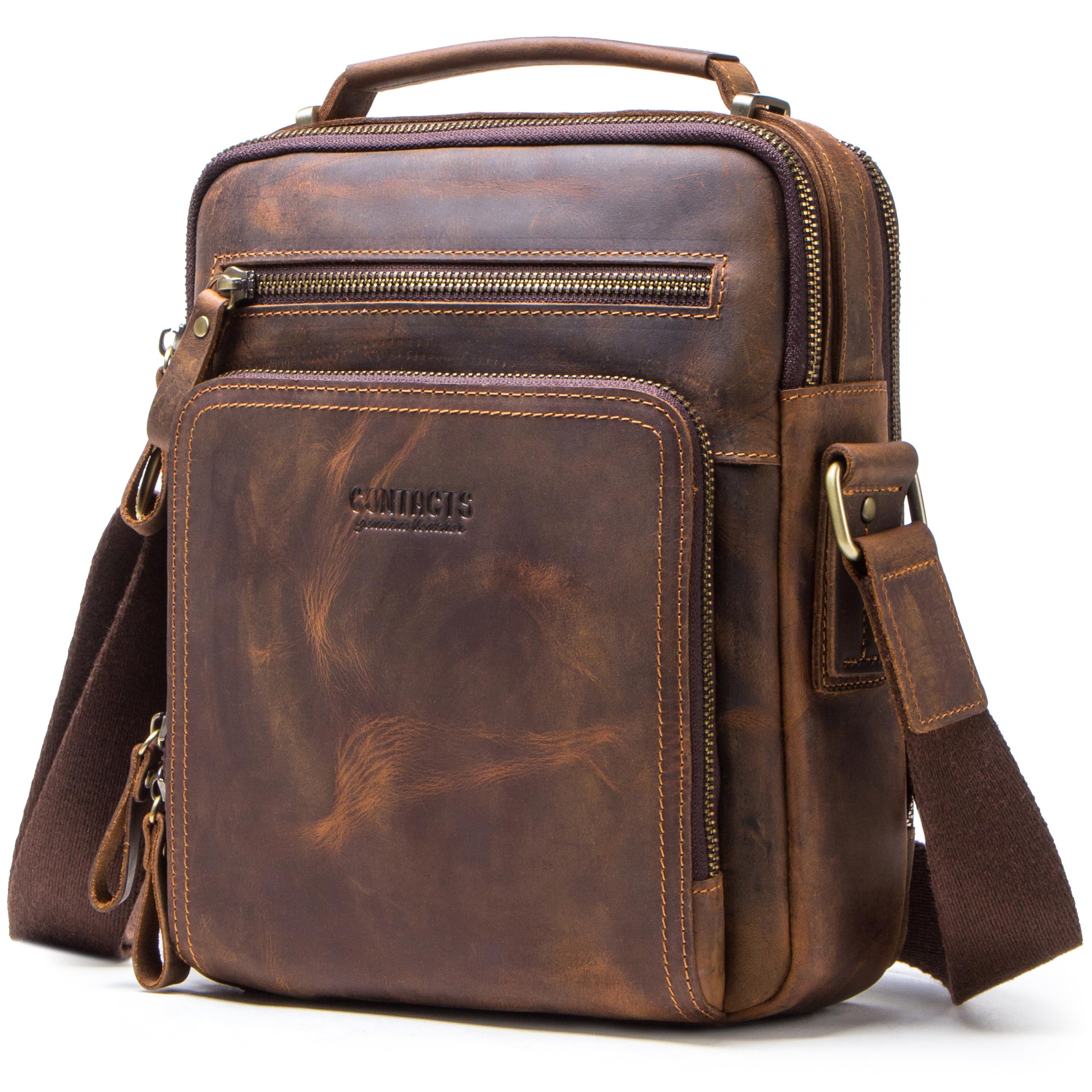 Top Grain Leather 11" Messenger Bag for Man & Woman, Multi Pockets, Fits to 8.3"/10.9" iPad for Daily/School/Business/Travel