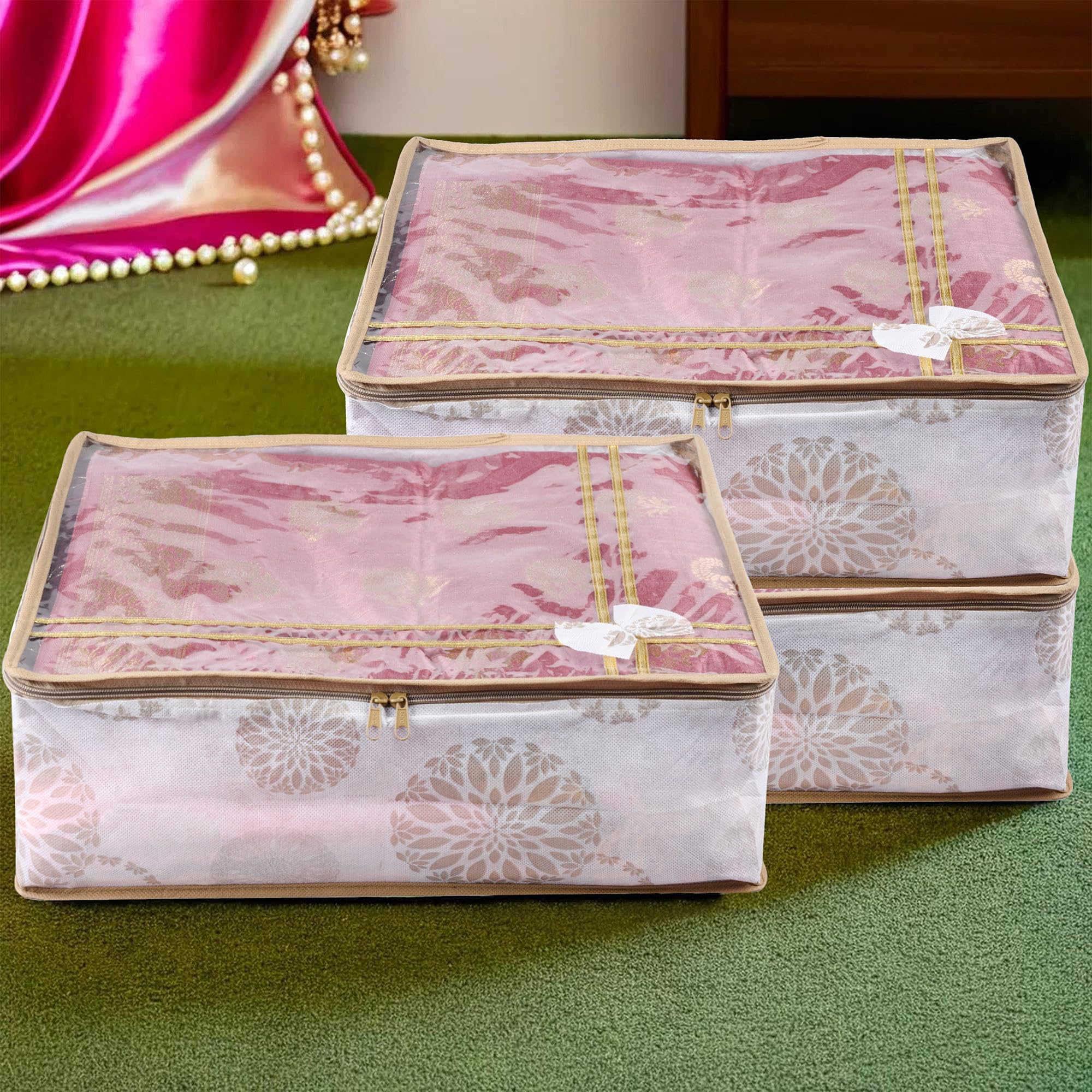 Kuber Industries Pack of 3 Saree Storage Bag | 6 Inch | Wardrobe Storage Bag for Saree-Suit-Lehenga | Lightweight-Portable Garments Bag | Top Visible Window Bag | Bow-Gola Print | White