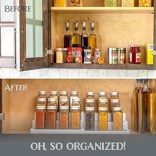 Miniatura 4 de Oizeir Especiero de plástico expandible de 3 niveles, longitud ajustable, estabilidad con estante antideslizante, tres niveles para una fácil