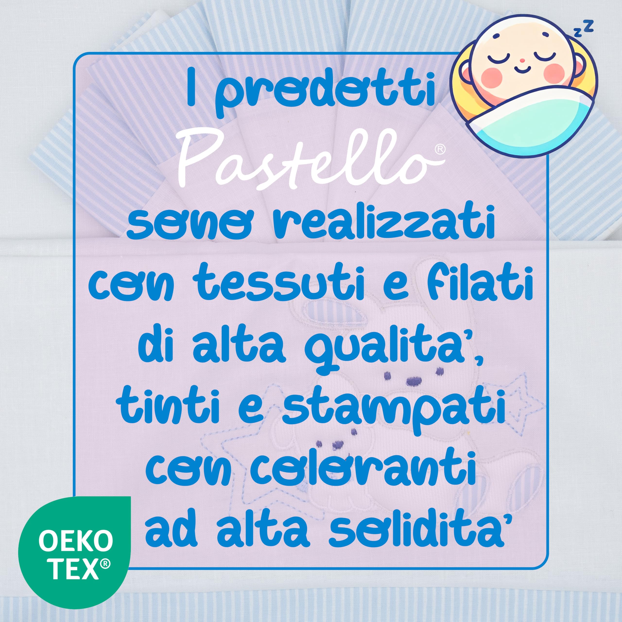 PASTELLO - Coordinato Lettino 3 Pezzi, 100% Cotone per Neonati, Completo Lenzuola con Ricamo (Art. LL1F, CIELO)