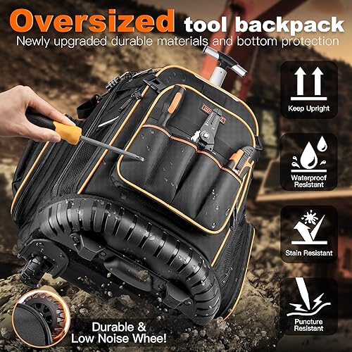 Miniatura 3 de Mochila de herramientas con rueda, mochila de herramientas rodante resistente Hvac en bolsa de herramientas para hombres, para electricista,