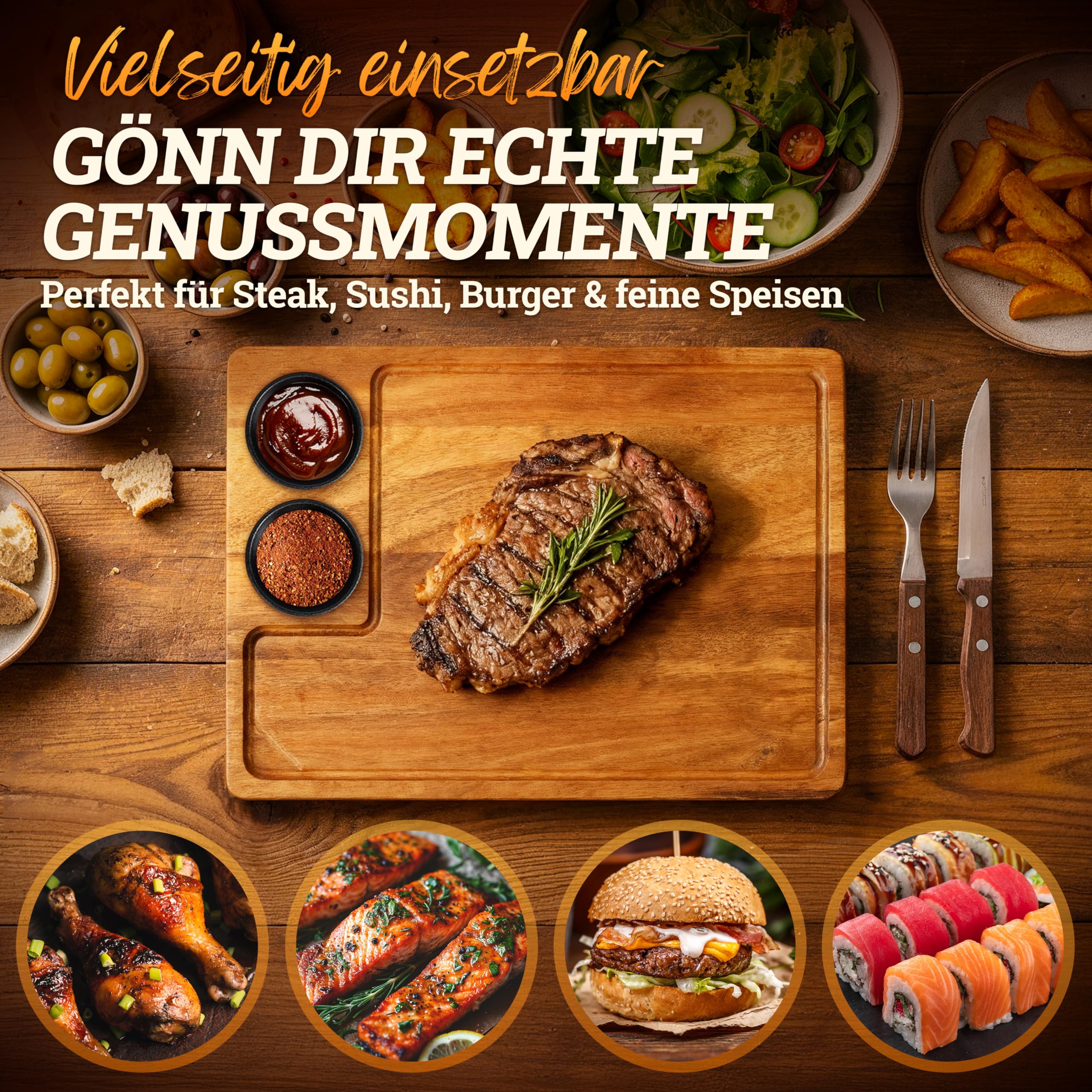 LIKAYA® Servierbrett XXL 2er-Set 'Santiago' – FSC® Akazienholz mit Saucenschüsseln | Perfekt als Grillbrett, Steakbrett & Geschenk für Burger, Steak & Sushi