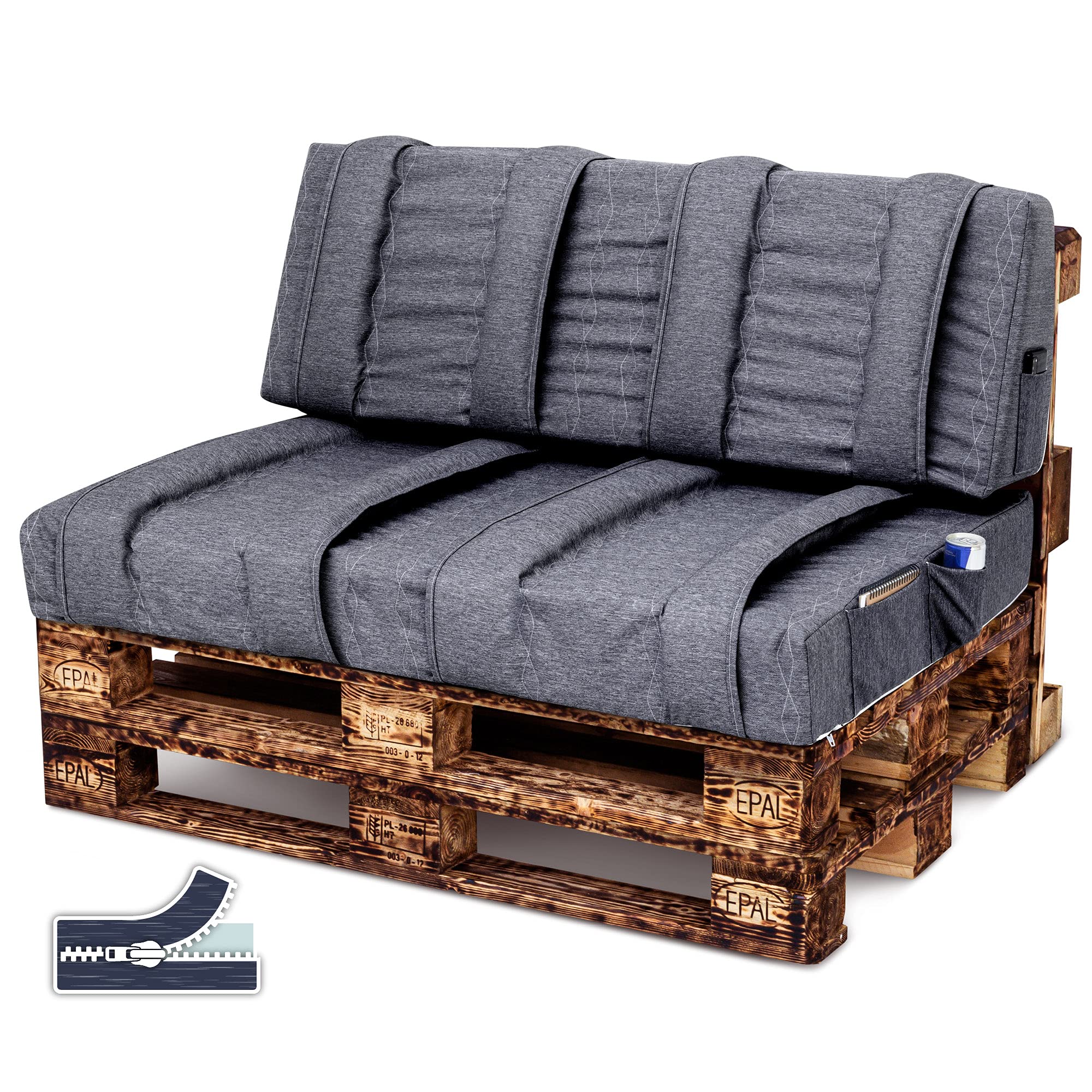 Spatium pallet cushions, removable pillowcase, water-resistant, upholstery design, resistant to stains (Anthracite Seat Cushion 120x80x15)