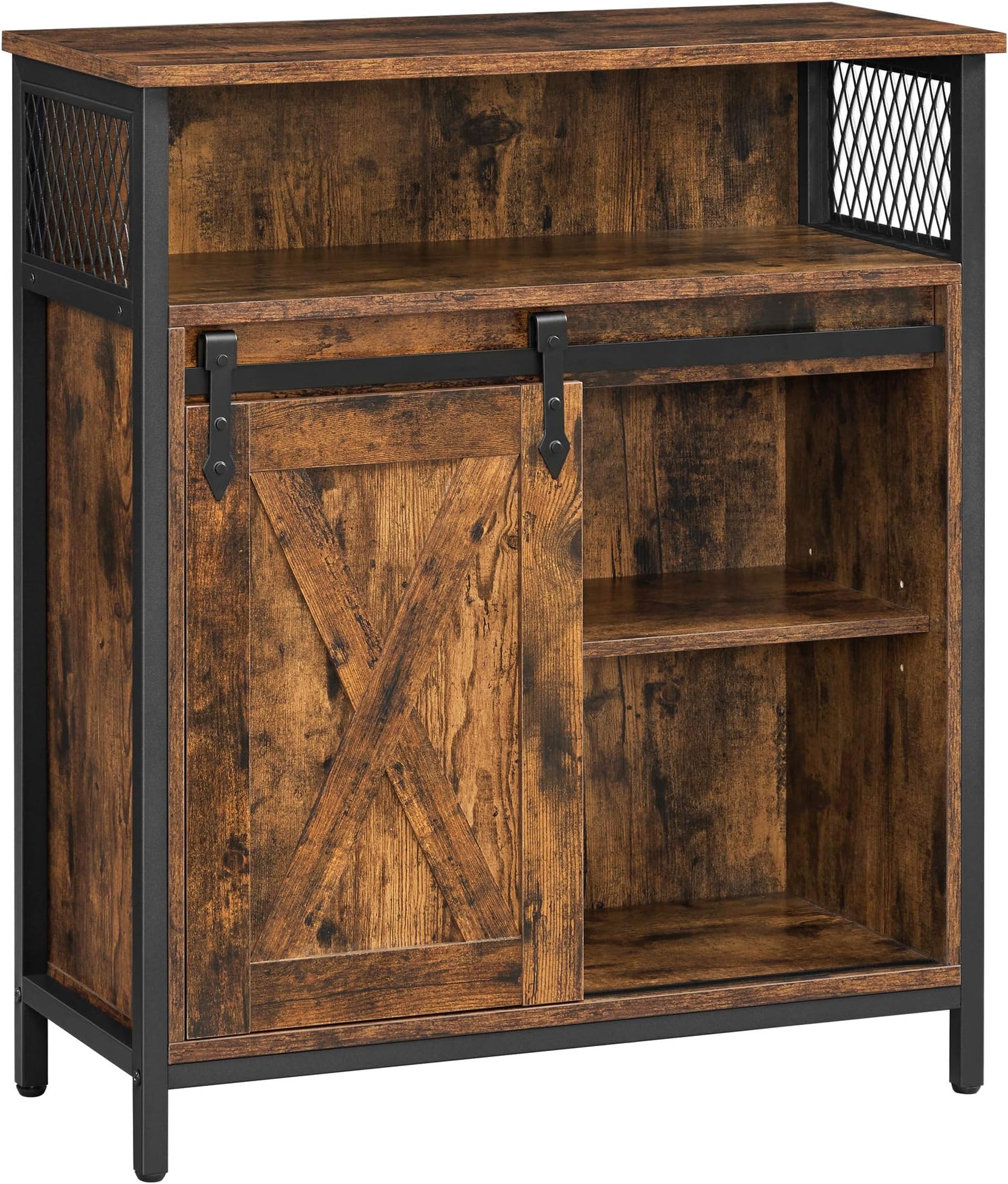 VASAGLE Storage Cabinet, Sideboard, with Sliding Barn Door, Open Compartment, Adjustable Shelf, Industrial Style, for Entryway, Living Room, Kitchen, Office, Rustic Brown and Black LSC089B01