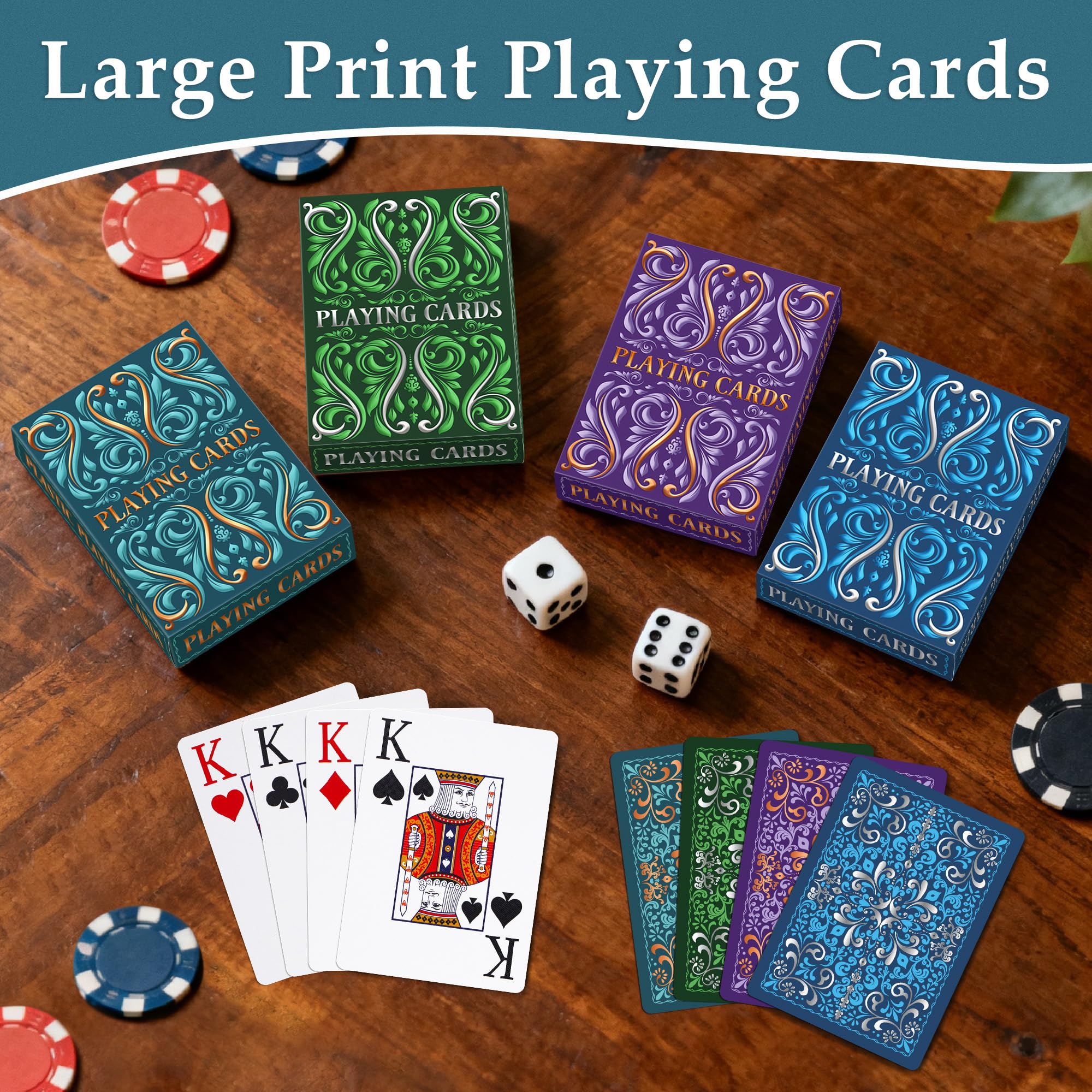 Spielkarten 12 Pack Kunststoff Spielkarten Wasserdicht Deck of Cards Bulk, Großdruck Spielkarte für Senioren Erwachsene, Premium Pokerkarten Set für Familienspiel Nacht Strand Pool Party Camping