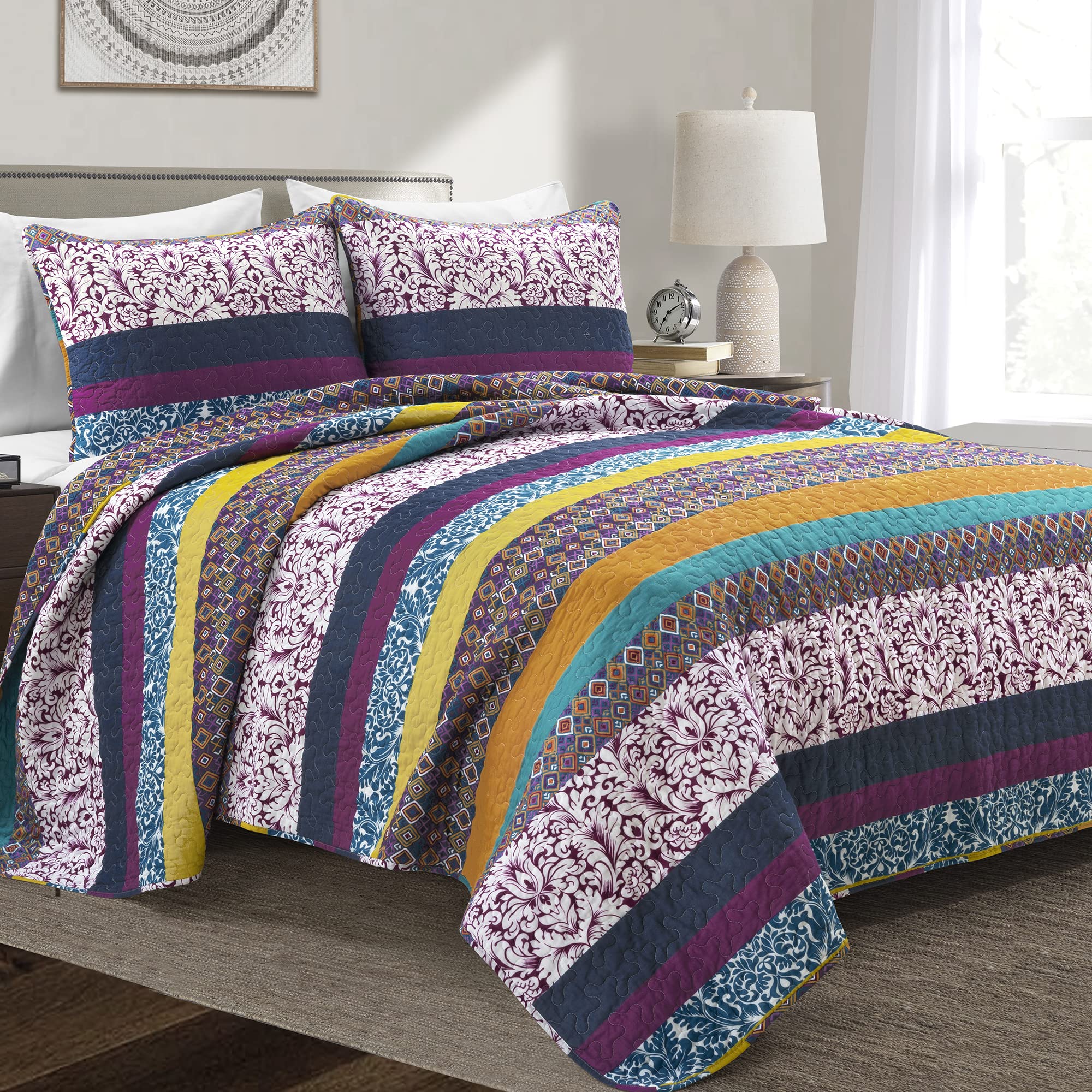 Lush Decor Boho Stripe Reversible Cotton Quilt 3-Piece Set, Full/ Queen, Plum & Yellow - Bold Colorful Bohemian Bedding SetOEKO-TEX STANDARD 100