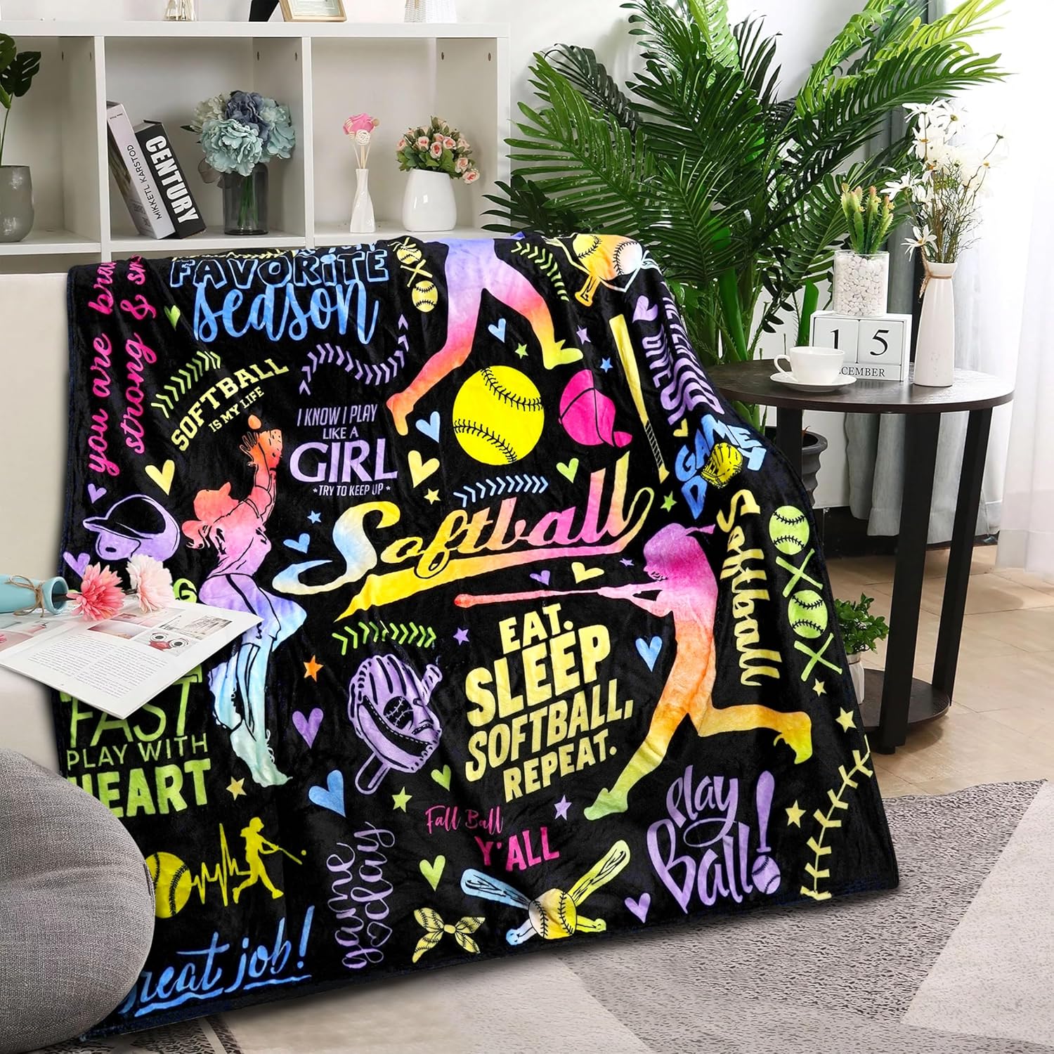 Softball Blanket Gifts for Boys Girls, Softball Lovers Throw Blanket Super Soft Lightweight Travel Bed Sofa Blankets for Sport Fans Kids Adults Player Coach, 50 x 60 Inch