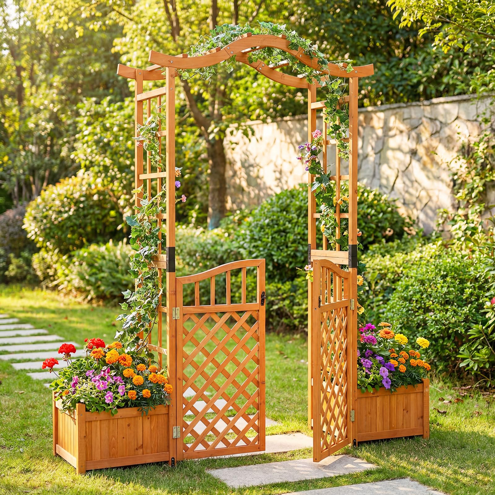 COSTWAY Rosenbogen mit Tür & 2 Blumenkästen, Gartenbogen Holz, Torbogen Garten, Rankbogen mit Pflanzkasten für Kletterpflanzen, Rankhilfe Rankgitter Rundbogen, Tannenholz, 185 x 46 x 210 cm, Natur