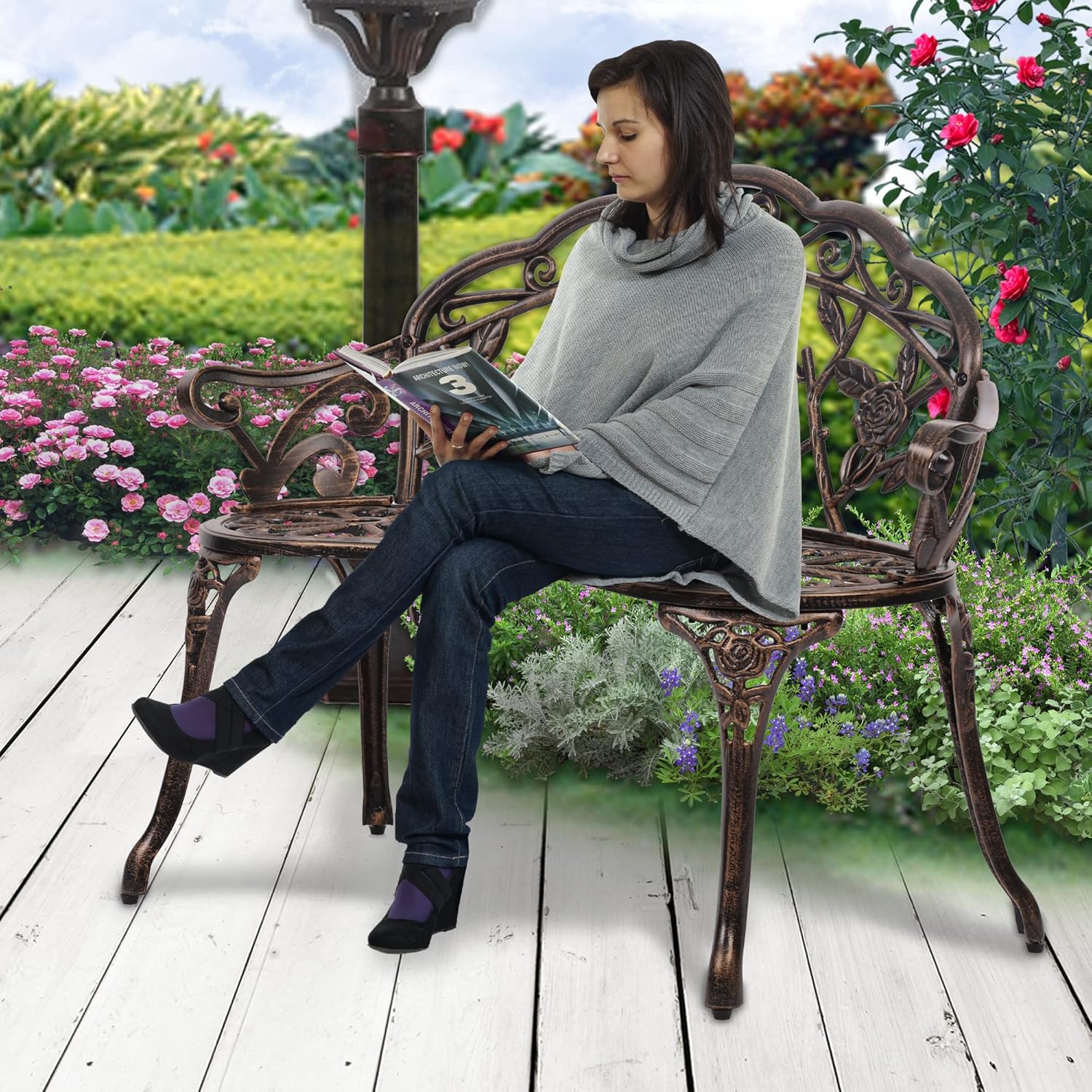 Metal Outdoor Bench Garden Bench Patio Park Bench Porch Bench with Armrests Floral Rose Accent for Indoor/Outdoor Garden Patio Porch,Bronze