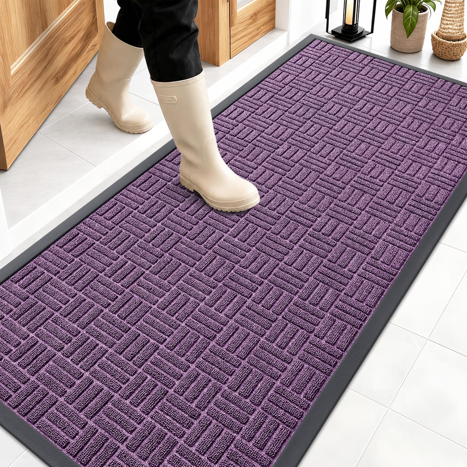 OLANLY Front Door Mat Outside Entrance 59x23, Heavy-Duty Rubber Doormat | Violet, Absorbent, Stain Fade Resistant, Non-Slip Backing, Low-Profile Indoor Outdoor Floor Mat for Entryway, Easy to Clean