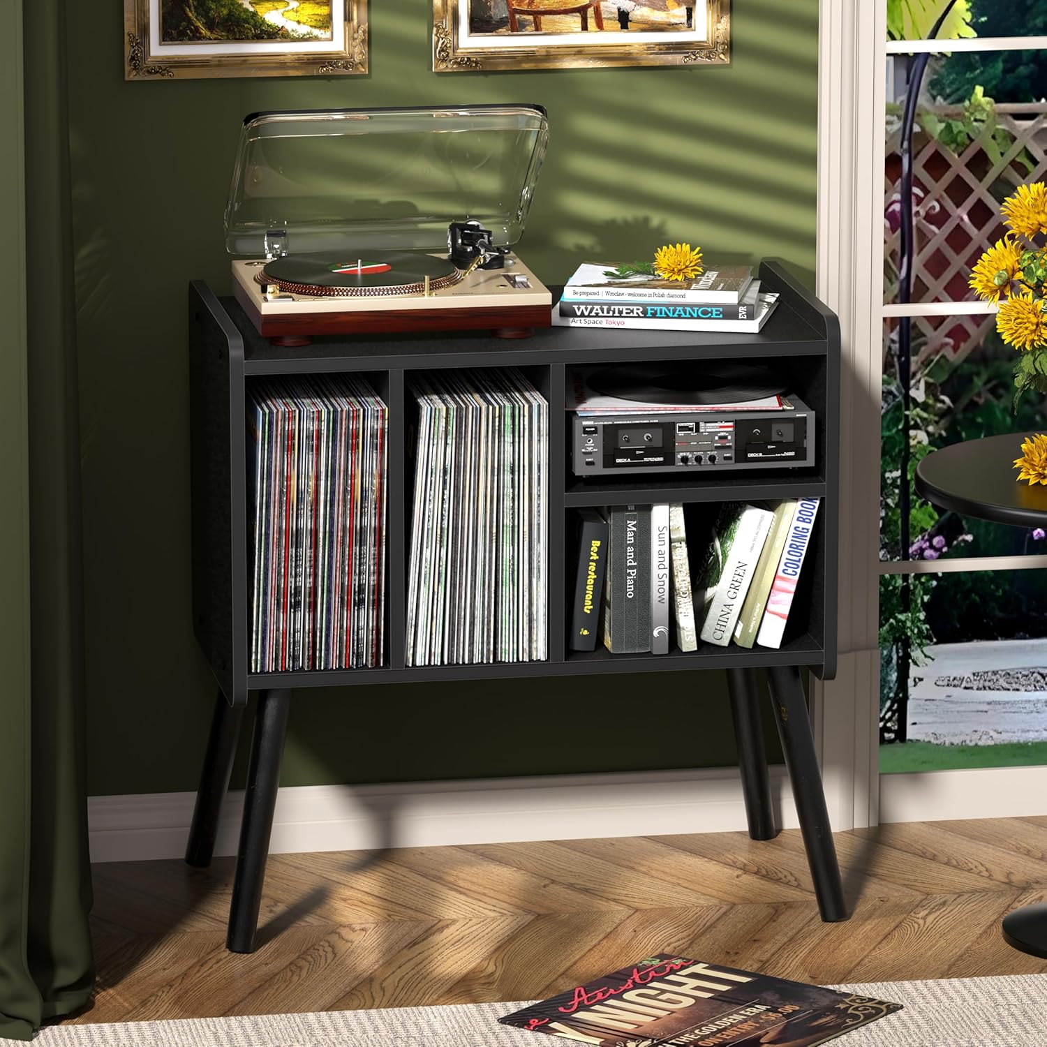 Record Player Table, Mid-Century Record Player Stand with Vinyl Storage Hold Up to 150+ Albums, Vinyl Record Cabinet with Adjustable Shelves, Wood Turntable Stand for Music Living Room (Black)
