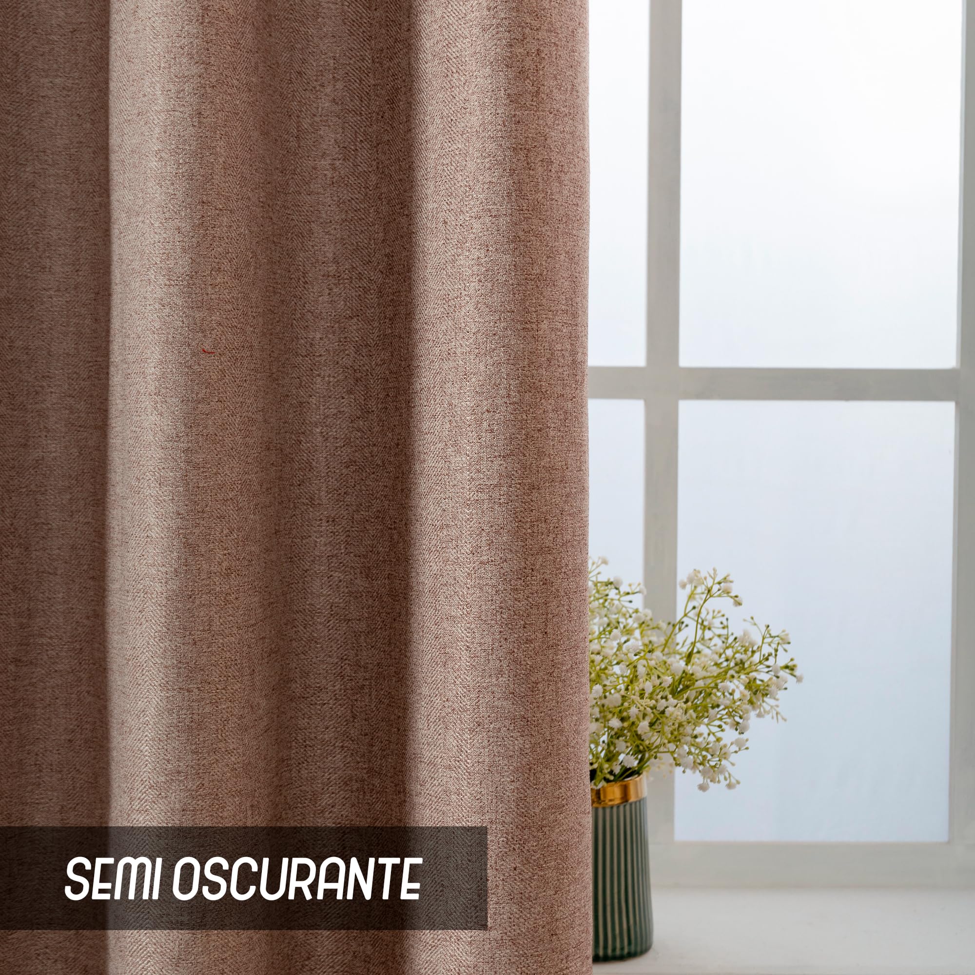 GIRASOLE HOME® Paire de rideaux semi-occultants effet lin texture nervurée lourde pour intérieur 2 panneaux avec poche (marron, 70 x 133 cm)