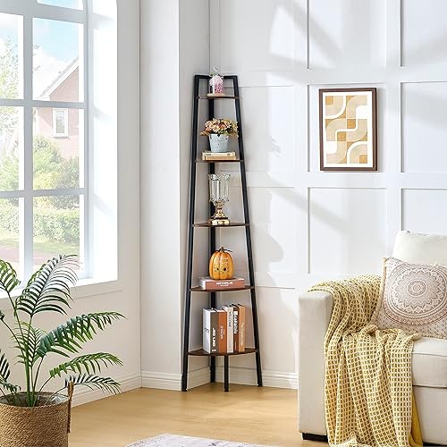 Miniatura 5 de Hoctieon - Estantería de esquina de 5 niveles, estantería rústica de escalera, estante de exhibición industrial para sala de estar, cocina, oficina