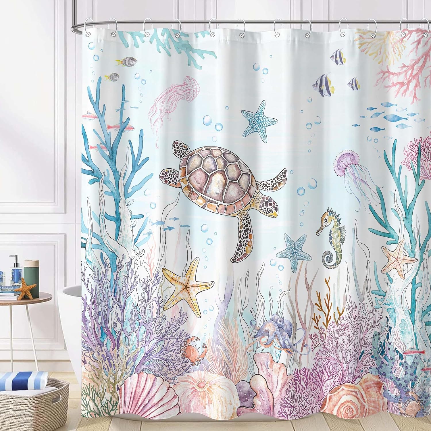 Nautical Coastal Turtle Shower Curtain, Teal Starfish Seahorse Funny Ocean Themed Bathroom Decor, 72x72 inch